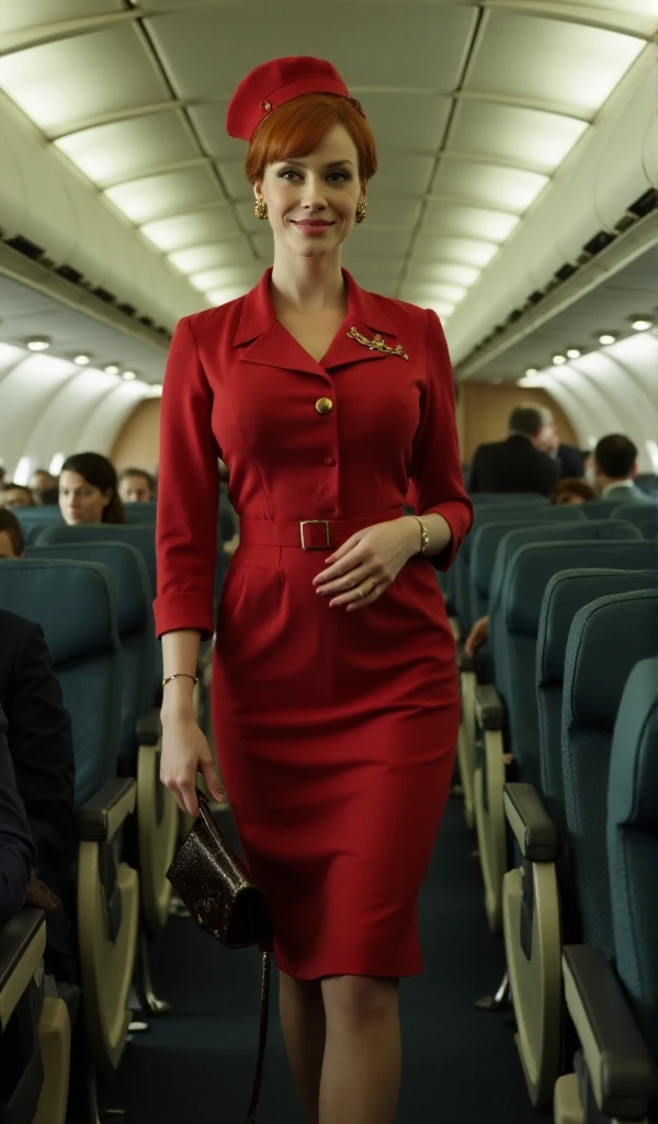 <lora:Joan_Holloway-000036:0.9> joan holloway, a redhead woman wears a flight attendant suit. She walks in a plane