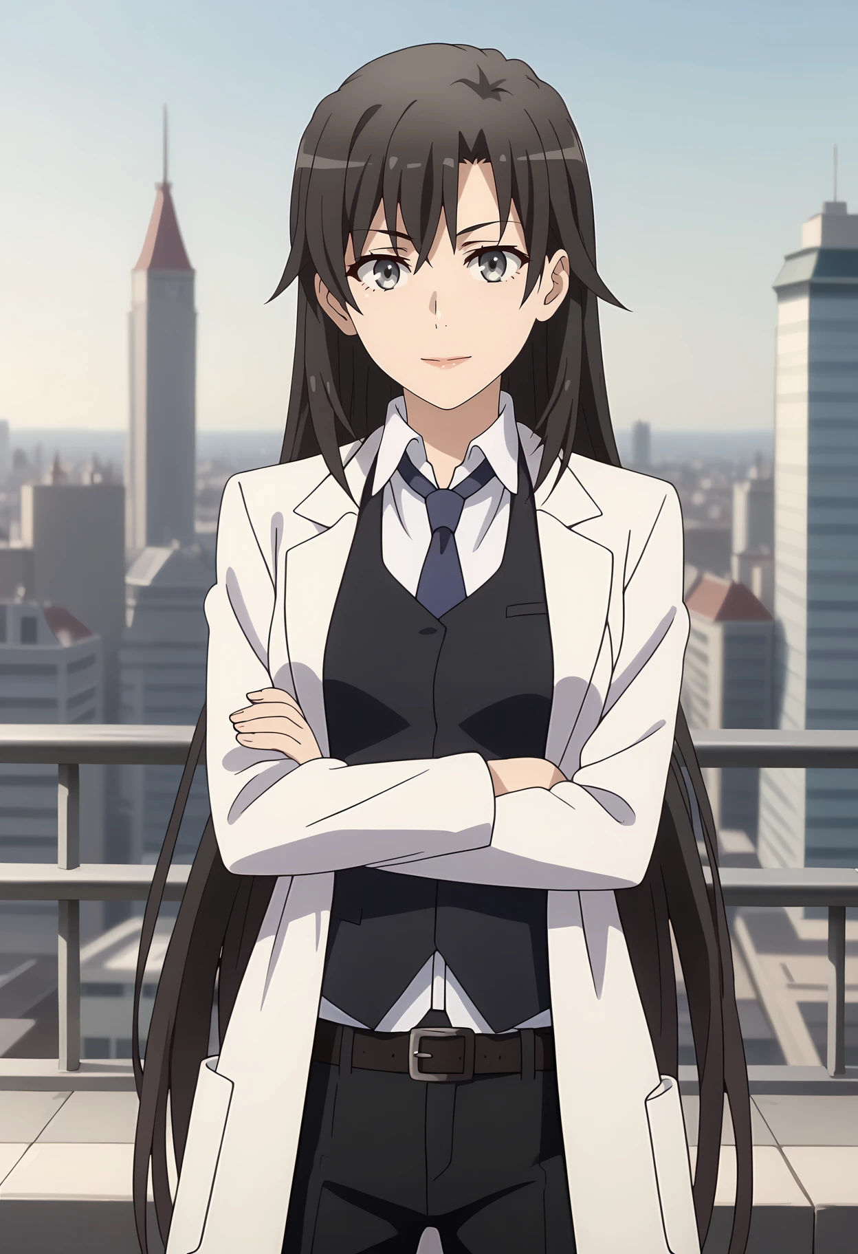 anime screencap,
<lora:YahariOreNoSeishunLoveComedy_HiratsukaShizukaXL:0.9>,
1girl, solo, closed mouth, light smile,
long hair, black hair, grey eyes,
HiratsukaShizuka, open coat, lab coat, black vest, white shirt, wing collar, blue necktie, long sleeves, black belt, black pants,
crossed arms, cowboy shot, standing, looking at viewer,
rooftop, school, city, outdoors, blurry background