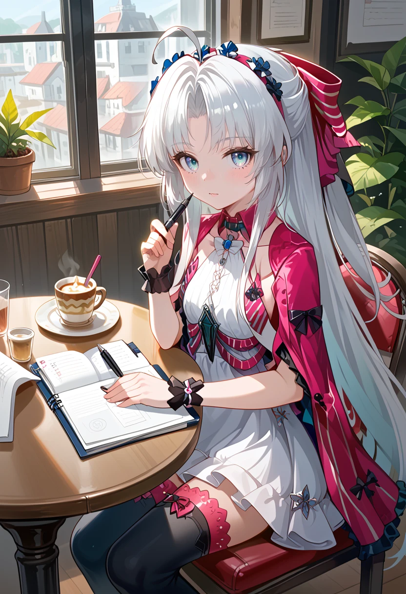 score_9, score_8_up, score_7_up, BREAK source_anime, (masterpiece), (best quality), 1girl, long hair, white hair, ahoge, dress, thighhighs, closeup upper body, sitting on chair, cafe, notebook on table, grabbing a pen, (from above:0.6), (from side:0.6), (ultra detailed), shine, <lora:carlotta-V1.2:1>, looking at viewer, no emotion, bicolored eyes
