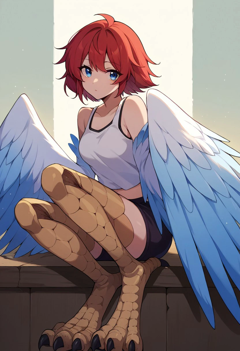 score_9, score_8, score_7, source_anime, harpy, blue wings, midriff, digitigrade, medium breasts, white feathers, tank top, sitting, red hair, white wings, blue eyes