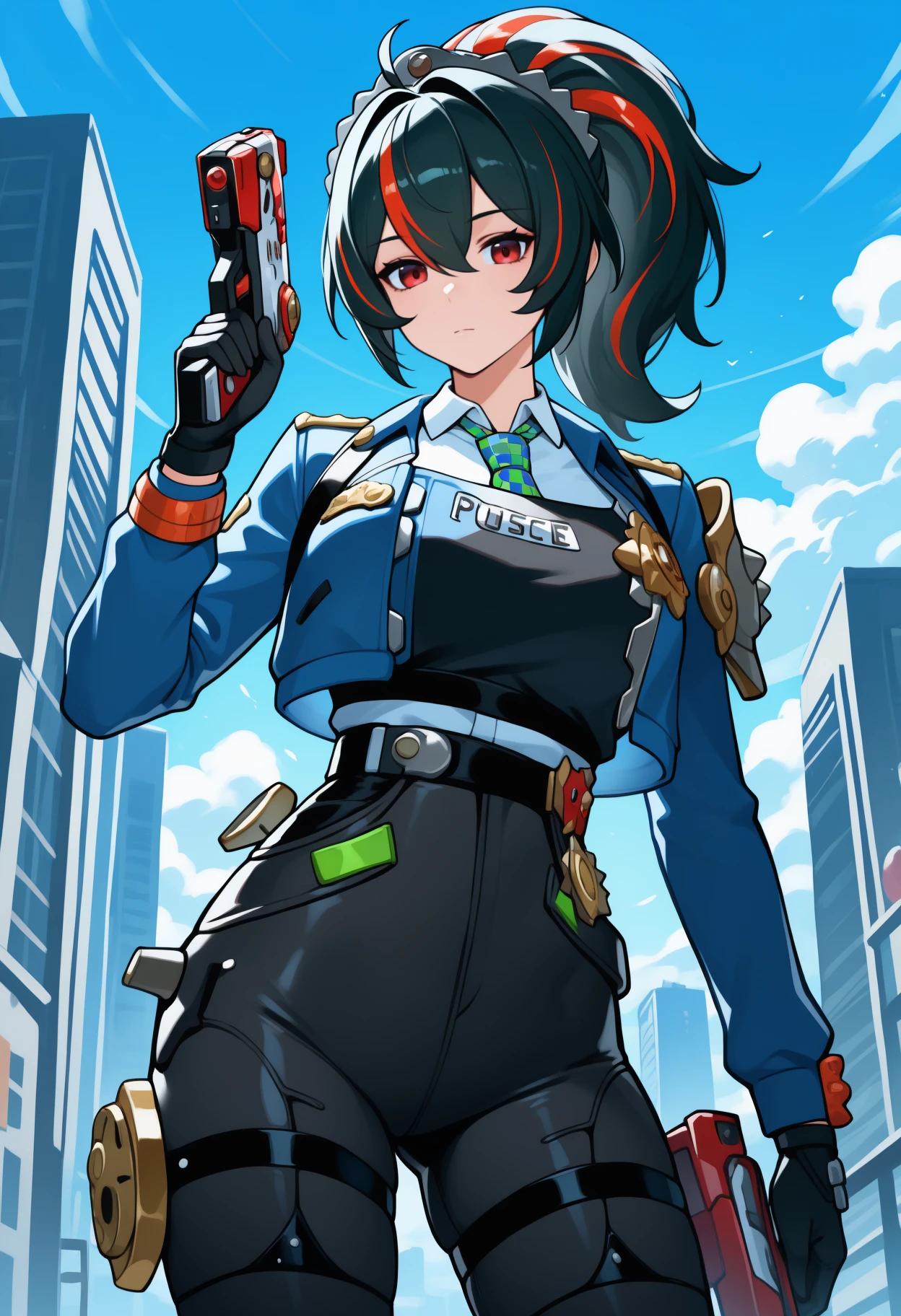 masterpiece, best quality, <break> solo, 1girl, zhu yuan, expressionless, looking at viewer, standing, holding gun, handgun, hand up, hand on own hip, ponytail, red eyes, police uniform, blue jacket, cropped jacket, open jacket, long sleeves, black gloves, black vest, white shirt, collared shirt, checkered necktie, black pants, tight pants, high-waist pants, outdoors, blue sky, cloud, city
<segment:yolo-Anzhc Face seg 640 v2 y8n.pt,0.4,0.5//cid=1>