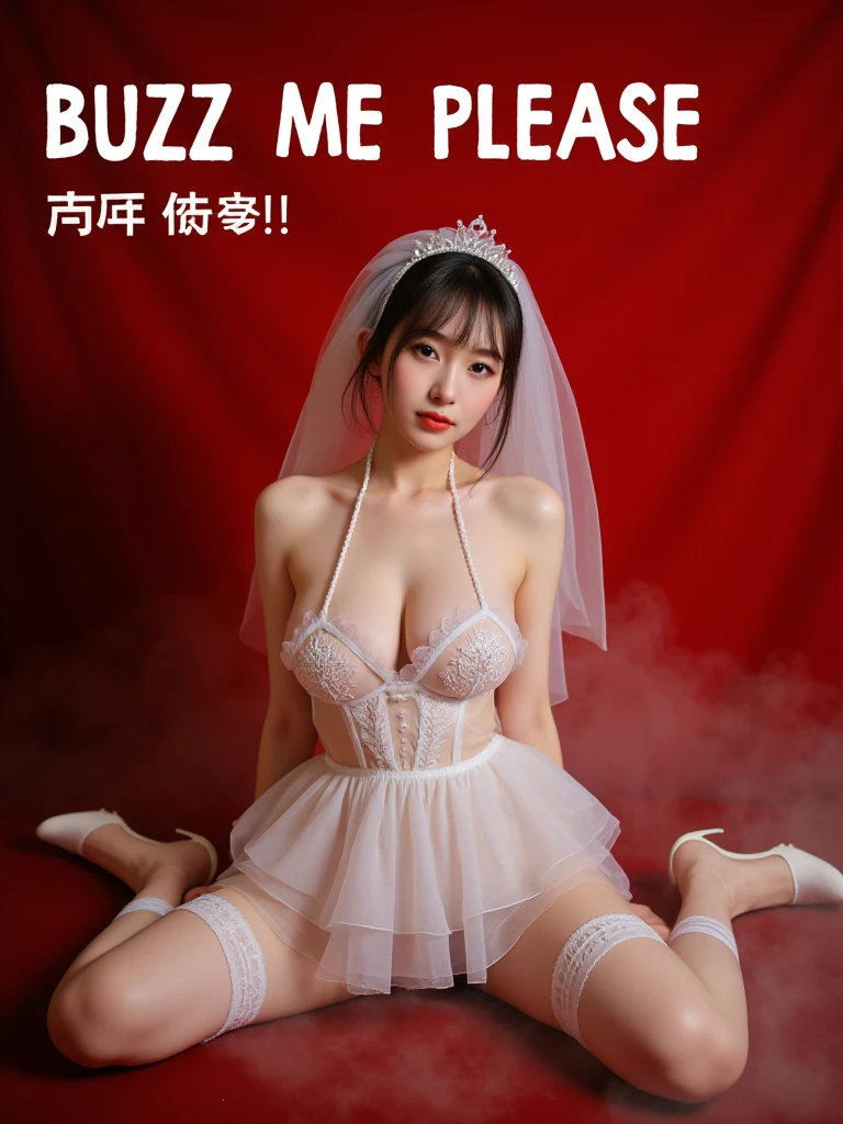 (text "buzz me please" in sky:1.2),20yo  beautiful chinese cute girl with blushing and female orgasm,the sidelight outlines her sexy body curves,(the ultimate thin waist:1.3),
<lora:weddingdress_rank4_bf16-step00760:0.7>,
diamond crown,
(she wearing white lingerie wedding dress,and white wedding turban,white crystal high heels,white lace stockings,),
<lora:nipplediffusion-saggy-f1:0.3>,small breasts,saggy tits,huge breasts,saggy breasts,breasts apart,
<lora:fmmmix_0696:0.11>,
-,a retro-inspired poster with bold, occult-themed typography reading: 'BUZZ ME PLEASE: I can train more lora' The design evokes a dark, rebellious energy with a vintage aesthetic, blending elements of mysticism and edgy style.In the center of the poster, a fierce model poses spread legsï¼commanding energy of her pose.Her facial expression is cold and confident, her lips pressed into a slight smirk, as she stares directly at the viewer with an intense, almost defiant gaze. Her body language exudes power and control, hands resting on her thighs as she dominates the scene. The deep red backdrop, paired with the bold white text, contrasts with her dark, glossy outfit, creating a captivating visual that suggests rebellion, mystery, and dark allure.,fog and smoke around,