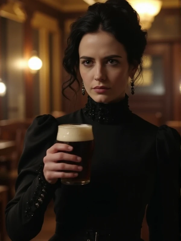 <lora:Vanessa Ives2:0.9> vannessa ives, full body, a woman with black hair. she wears a turtleneck victorian dress and she holds a beer in a pub