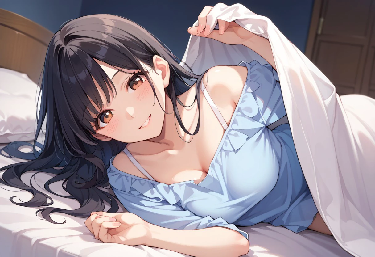 ((Tabletop, highest quality, High resolution, , Pixel perfect, 4K,))), 1 beautiful woman, private teacher、The whole body is visible、 ((Mid-wave hair, bangs, Brown Hair)), ((Brown eyes, Beautiful eyelashes, Realistic eyes)), ((Detailed face, Blushing:1.2)), ((Smooth texture:0.75, Realistic texture:0.65, Realistic:1.1, Anime CG Style)), middle size breast, Dynamic Angle, Perfect body, (( , ,  、Frill apron, Maid Costume、Ruffled short sleeve shirt)),Luxury Bedroom、 Lying on the bed、、Very embarrassing panic smile, 、、、、(Floral lace panties are visible、Open your arms、Show your ass)、Angle from below)、