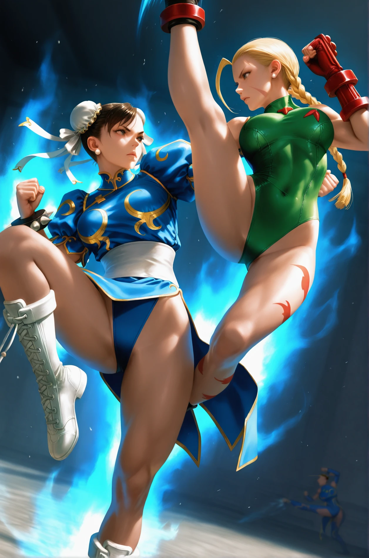 2.5D , realistic, masterpiece, best quality, dynamic angle,  dynamic pose, soft lighting, colorful illustration 
cammy white, blonde tied hair,  green leotard, sleeveless,  kicking, kick
chun-li, blue clothes, bare legs, 
aura, <lora:Fighting scene [IL]:0.8> fight_scene, battle, 2girls, looking at each other,