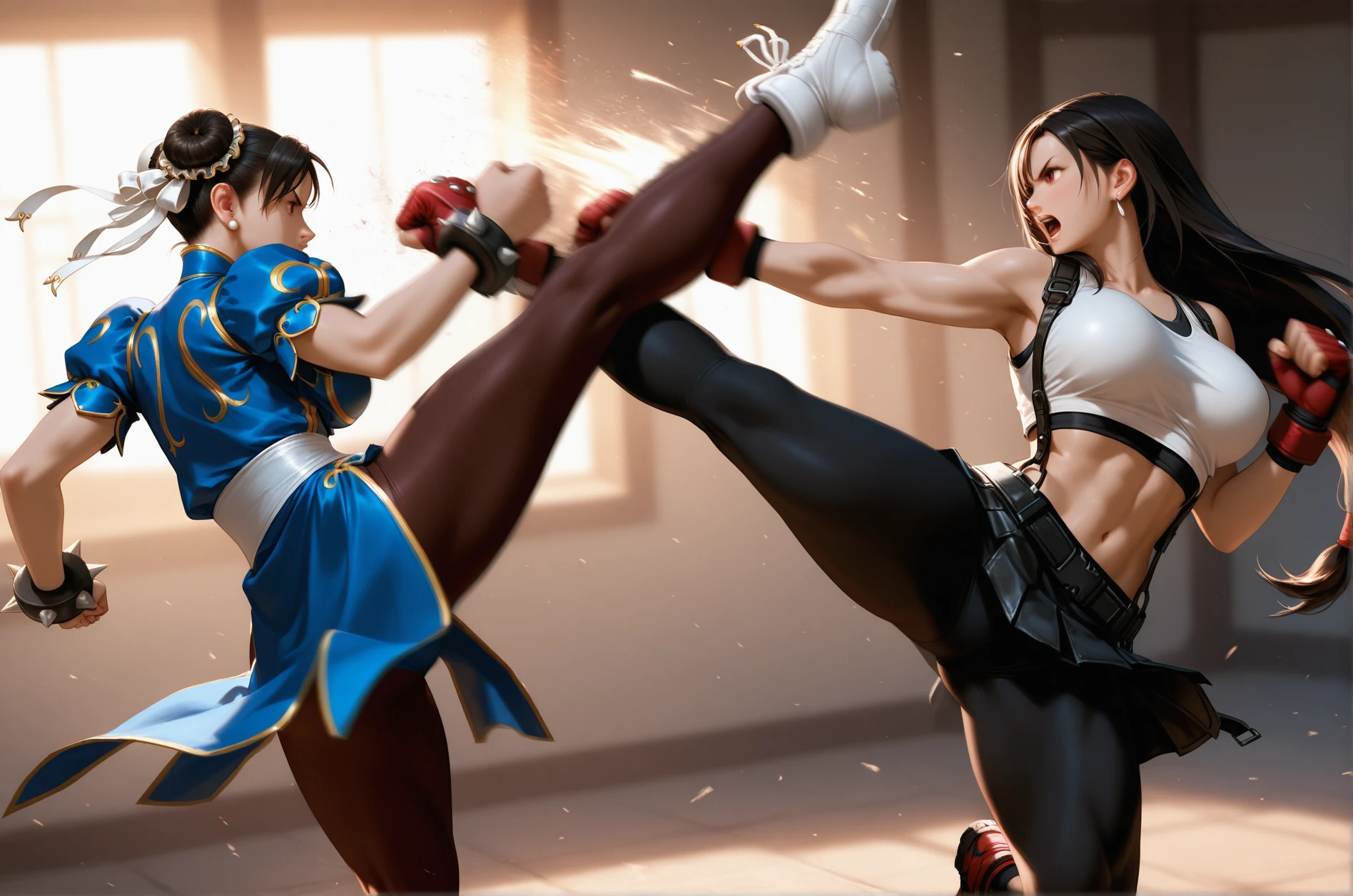masterpiece, best quality, 2.5D, realistic
<lora:Fighting scene [IL]:0.7>  fight_scene, battle, , 2girls, motion blur,  punching, kicking, 
chun-li, tifa lockhart, skirt, leggings, thigh-highs