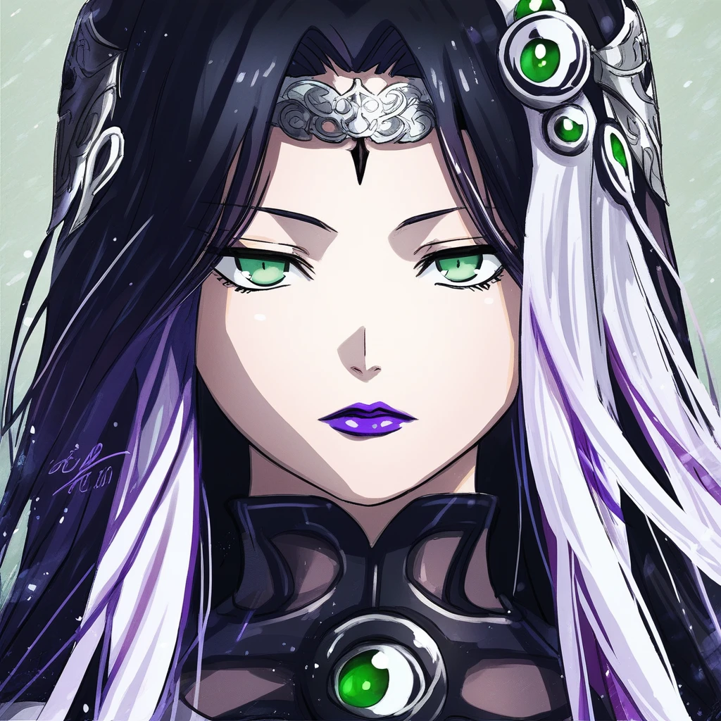 anime, 1girl, lipstick, purple lipstick, purple lips, long hair, black hair, white hair ornament, green eyes
