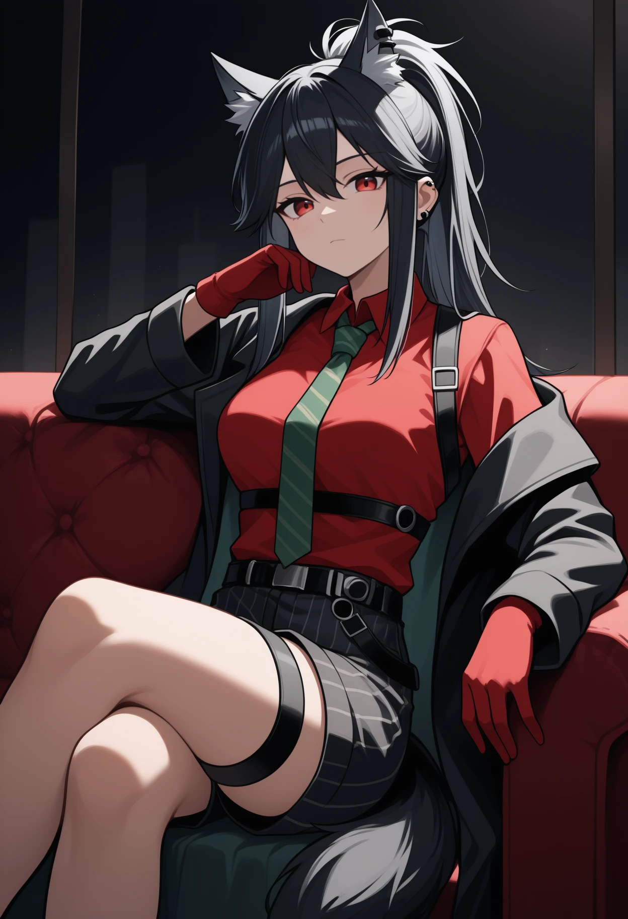 masterpiece, best quality, <break> solo, 1girl, txswlpwr, ear piercing, wolf tail, expressionless, looking at viewer, sitting, couch, crossed legs, head rest, long hair, black hair, hair between eyes, sidelocks, ponytail, animal ears, animal ear fluff, red eyes, black coat, open coat, off shoulder, long sleeves, red shirt, collared shirt, chest harness, green necktie, diagonal-striped necktie, red gloves, black shorts, vertical-striped shorts, black belt, thigh strap, dark background, indoors
<segment:yolo-Anzhc Face seg 640 v2 y8n.pt,0.4,0.5//cid=1>