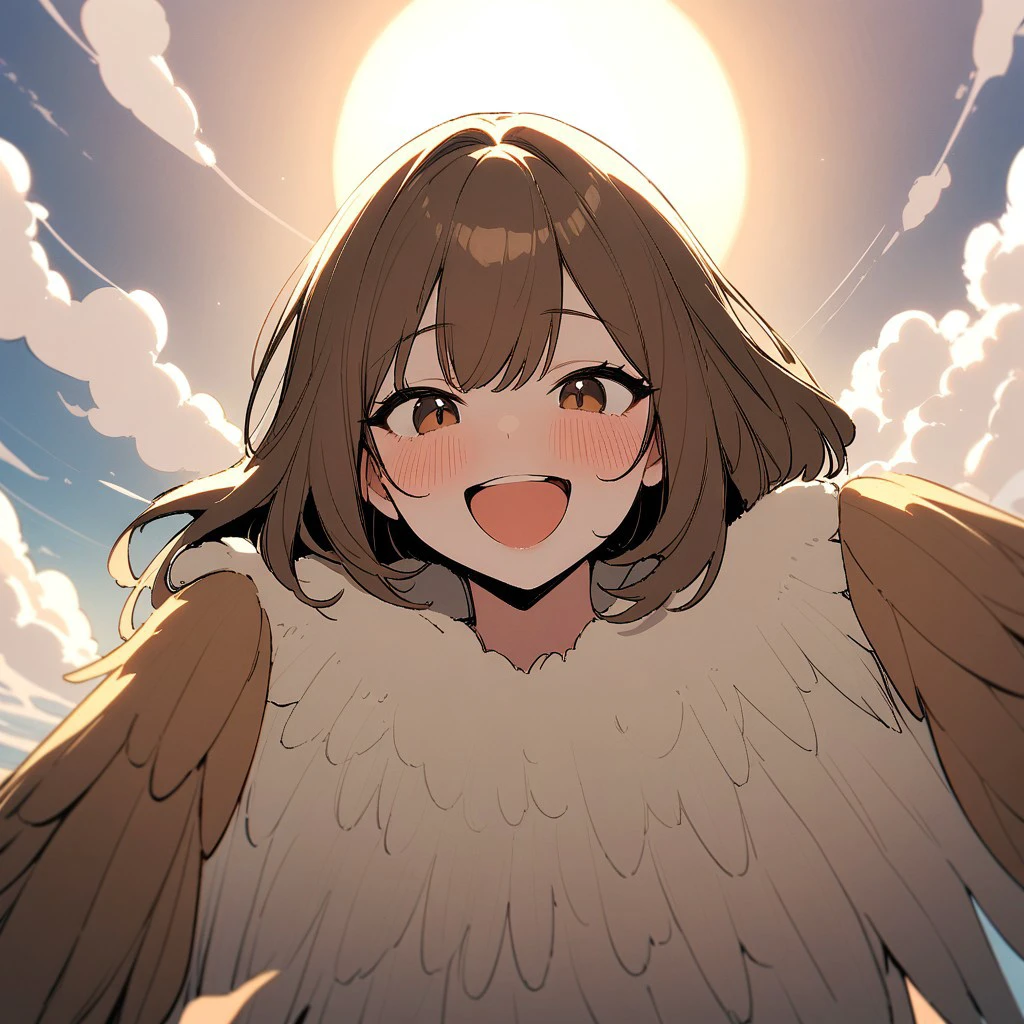 masterpiece, best quality, 32k, high resolution, absurdres, harpy, brown hair, pov, looking at viewer, blush, smile, open mouth, upper teeth only, sky, clouds, sun