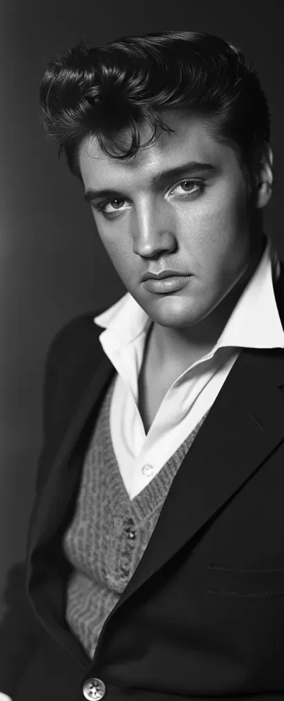 Elvis Presley, photograph, 1960s, vintage rock-and-roll vibes, black-and-white aesthetics, inspired by classic photographers like Alfred Wertheimer and Richard Avedon, medium shot, 50mm lens, front view, highly detailed, HDR, high resolution, nostalgic lighting.