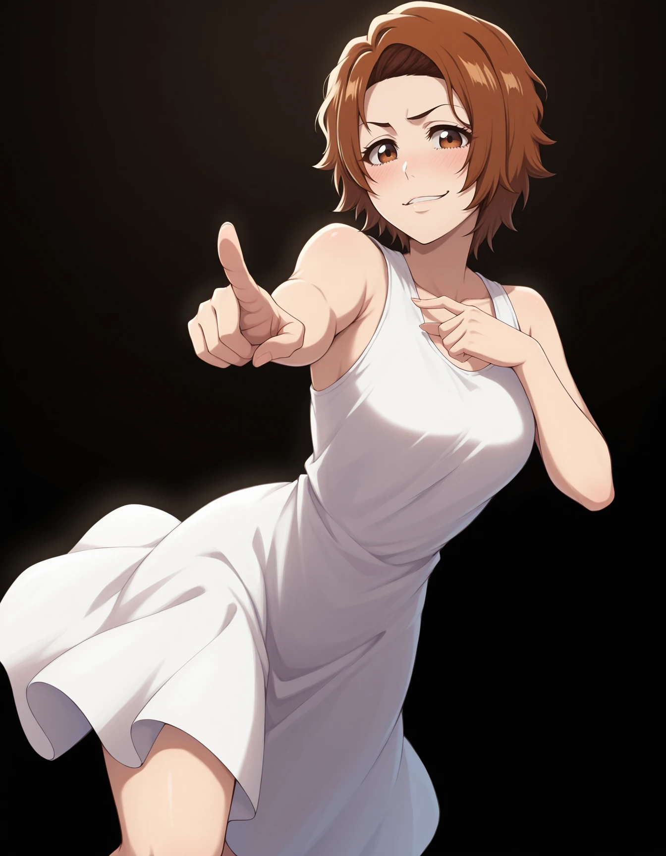 <lora:Masaki_Illu:1>masaki_kurosaki, short hair, brown hair, brown eyes, white sleeveless dress,  feet out of frame, pointing at viewer, smirk, blush, 
black background, masterpiece, best quality