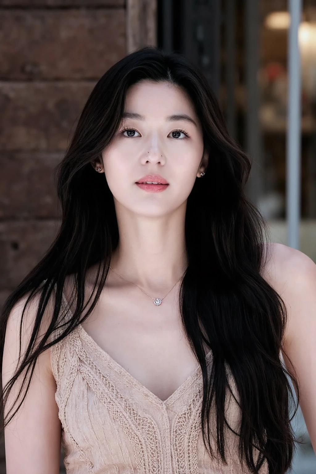 bright photo of beautiful korean girl with long  black wavy hair wearing bohemian dress, inside a rustic house, necklace, dslr, studio lighting, high quality,  light reflections, blood vessels, pale skin, detailed skin, <lora:flux_realism_lora:1>, <lora:makinaflux_junjihyun_v1.0:1>