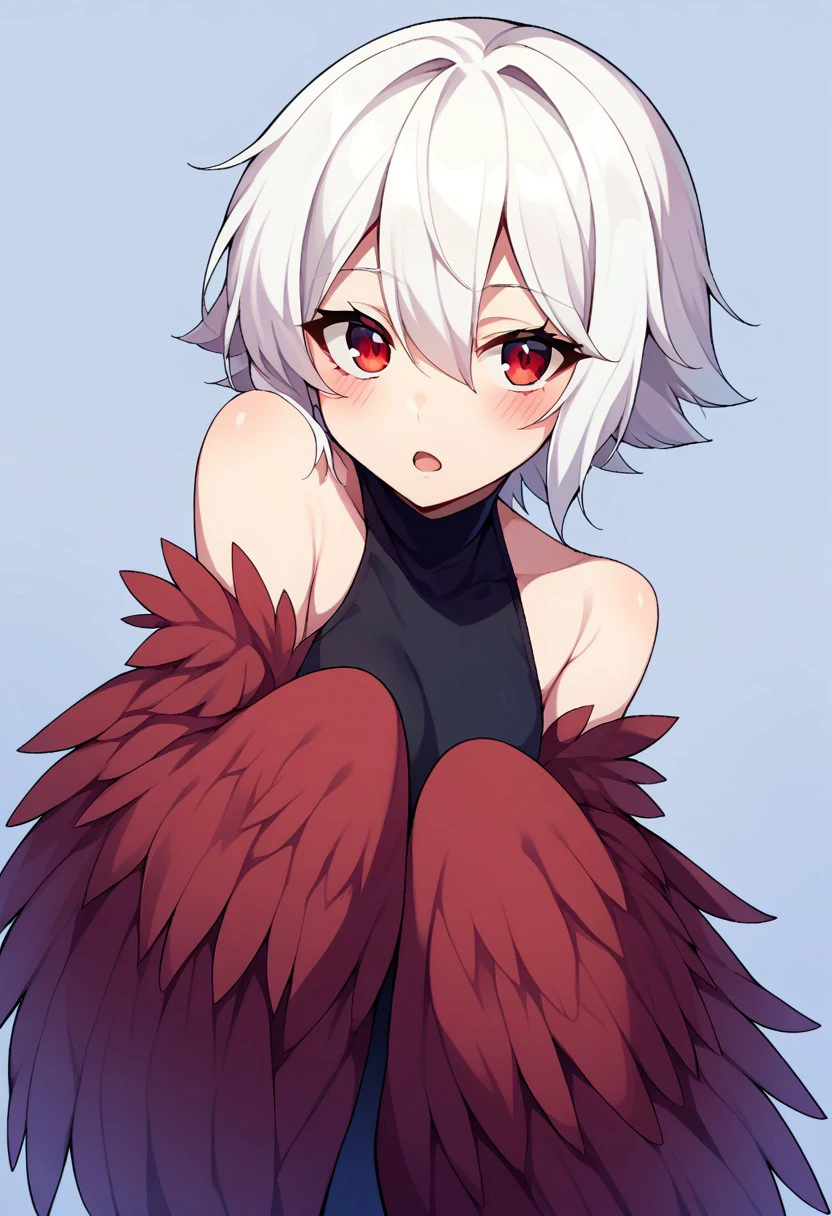 score_9, score_8, score_7, source_anime, harpy, 1girl, solo, looking at viewer, blush, white hair, short hair, bare shoulders, hair between eyes, open mouth, red eyes