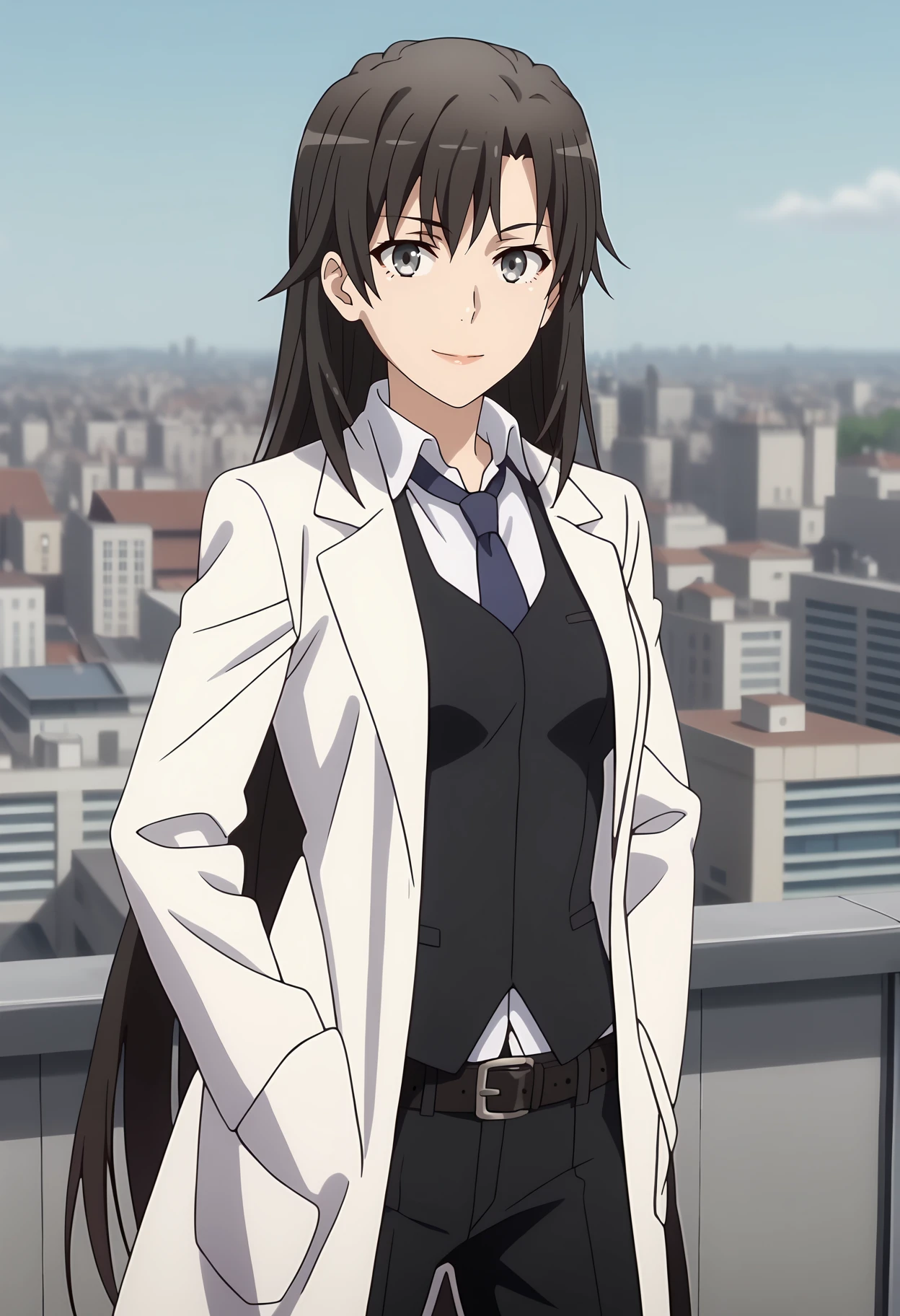 anime screencap,
<lora:YahariOreNoSeishunLoveComedy_HiratsukaShizukaXL:0.9>,
1girl, solo, closed mouth, light smile,
long hair, black hair, grey eyes,
HiratsukaShizuka, open coat, lab coat, black vest, white shirt, wing collar, blue necktie, long sleeves, black belt, black pants,
cowboy shot, standing, looking at viewer,
rooftop, school, city, outdoors, blurry background