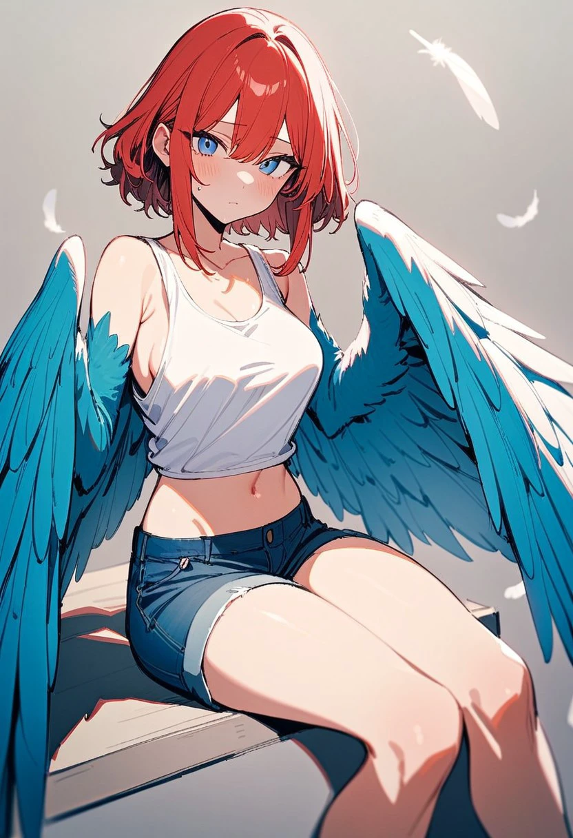 masterpiece, best quality, 32k, high resolution, absurdres, harpy, blue wings, midriff, digitigrade, medium breasts, white feathers, tank top, sitting, red hair, white wings, blue eyes