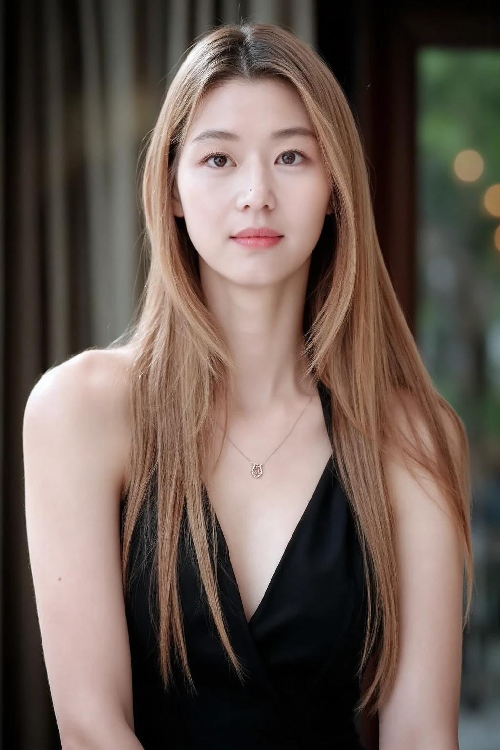 (medium full shot), beautiful korean girl with long blonde hair wearing black halter dress, necklace, dslr, soft lighting, high quality, light reflections, blood vessels, pale skin, skin pores,blood vessels in sclera, detailed skin, beauty spots, skin fuzz, <lora:flux_realism_lora:1>,    <lora:makinaflux_junjihyun_v1.0:1>