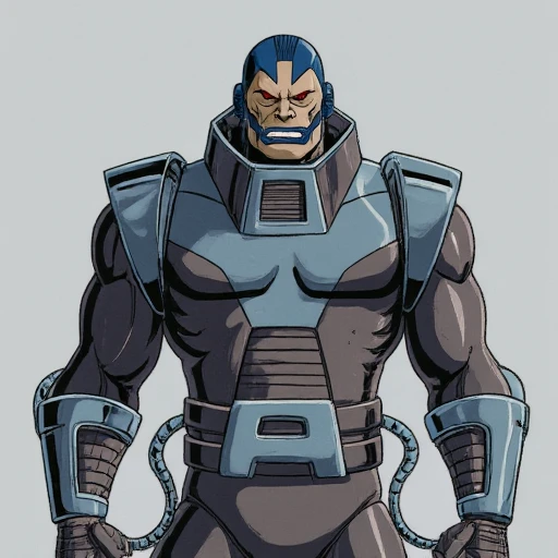 unyielding expression., short hair and a rugged, high-tech suit. The character has a rugged, unsmiling mouth. He has a distinctive, Apocalypse . The image is a detailed, a muscular, metallic texture with visible joints and mechanical details, grey
