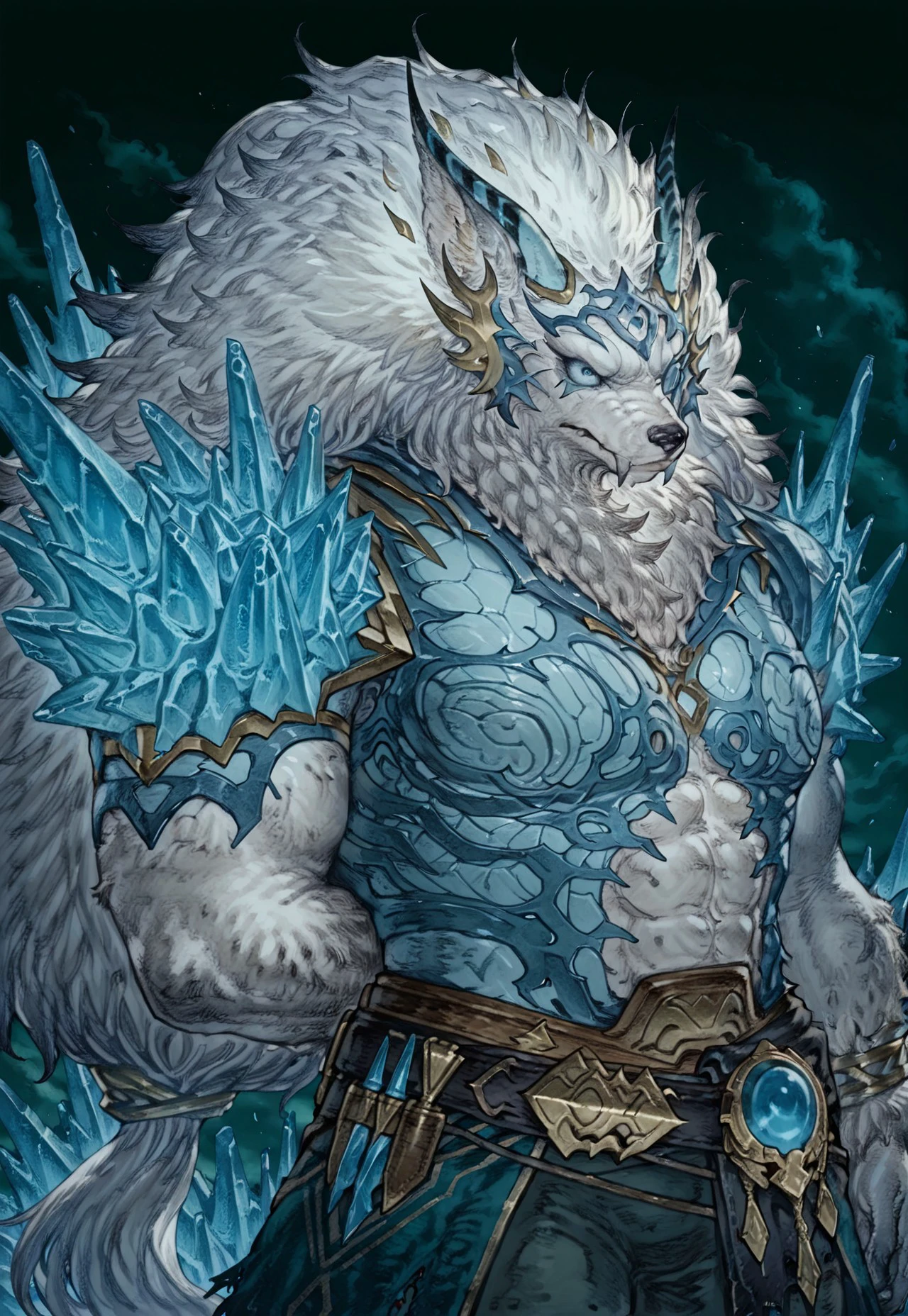 masterpiece,best quality,amazing quality,


werewolf, 1boy, solo, furry, monocle, armor, belt, long hair, ice shoulder armor, striped horns, jewelry on belt, bracelet, standing, torn waist cape, 

blue eyes, detailed face, detailed body, three quarter view, upper body, 

, masterpiece,best quality,amazing quality,