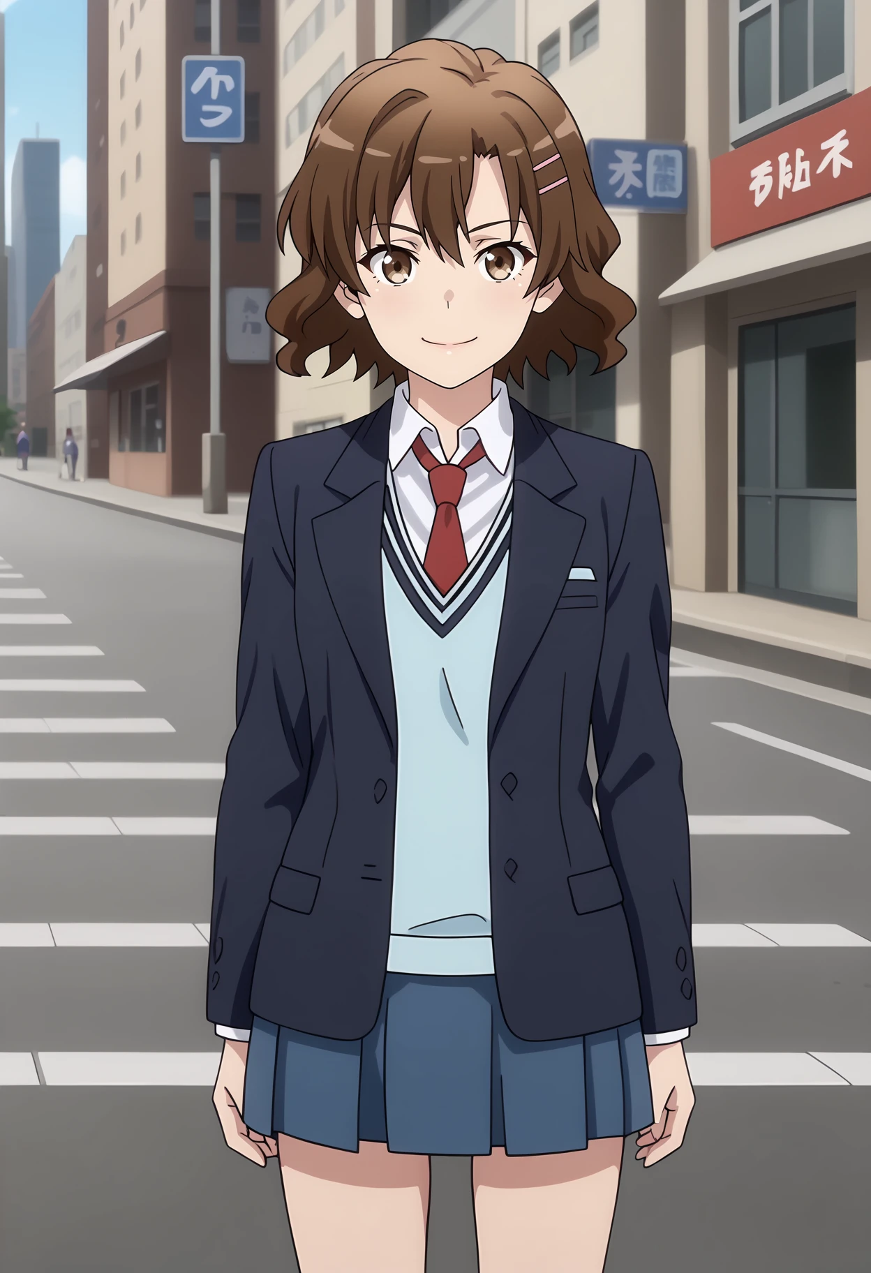 anime screencap,
<lora:YahariOreNoSeishunLoveComedy_OrimotoKaoriXL:0.9>,
1girl, solo, closed mouth, light smile,
short hair, wavy hair, brown hair, hair between eyes, brown eyes, hairclip,
OrimotoKaori, blazer, open jacket, blue jacket, sweater vest, blue sweater, collared shirt, white shirt, red necktie, long sleeves, pleated skirt, blue skirt,
thigh gap, cowboy shot, standing, looking at viewer,
city, street, outdoors, blurry background