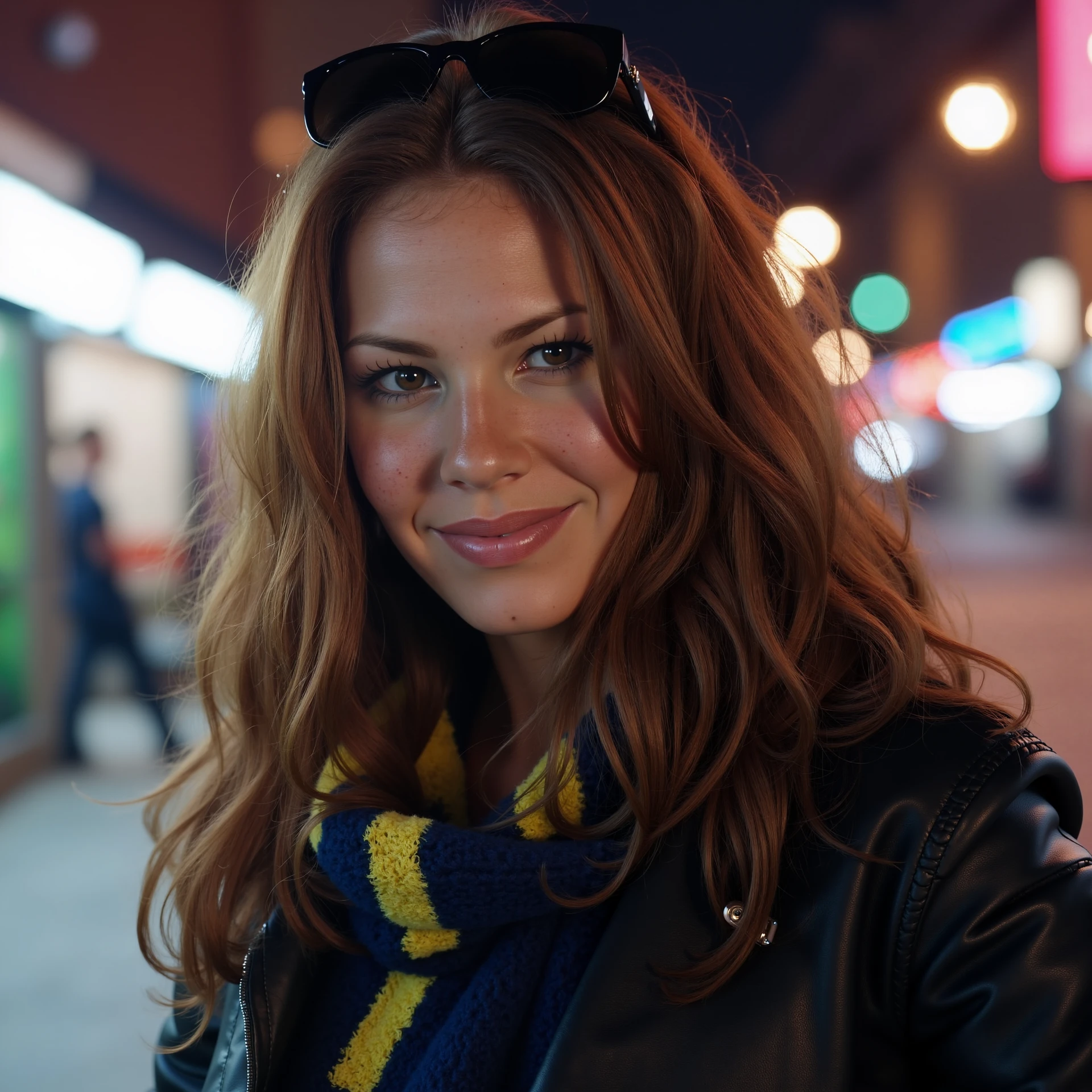 8k hdr selfie photo featuring NikkiCoxFlux1 with a sly smile. She has long, wavy hair that falls over her shoulders. Her hair appears to be slightly tousled, giving it a casual, natural look. She has extreme freckles on her face and skin. A pair of dark sunglasses are perched on top of her head.  She is wearing a black leather jacket with blue and yellow striped coat. wearing winter clothes thick jacket, sweater and scarf, snow is accumulating on her hair, shoulders and clothes, Dynamic pose, at nighttime in downton Denver, Colorado, <lora:NikkiCoxFlux1-000001.safetensors:0.9>