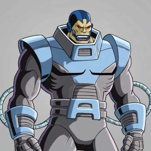 unyielding expression., short hair and a rugged, high-tech suit. The character has a rugged, unsmiling mouth. He has a distinctive, Apocalypse . The image is a detailed, a muscular, metallic texture with visible joints and mechanical details, grey