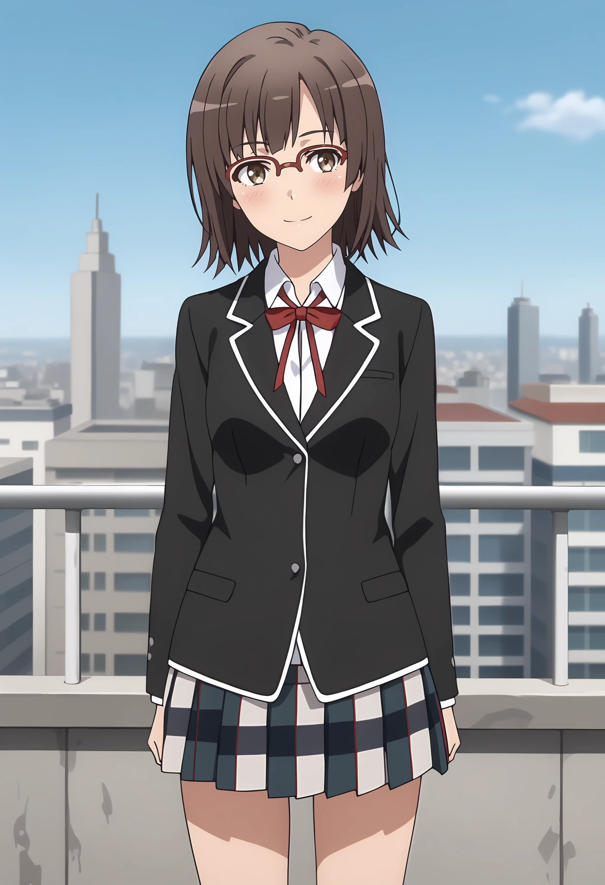 anime screencap,
<lora:YahariOreNoSeishunLoveComedy_EbinaHinaXL:0.9>,
1girl, solo, closed mouth, blush, light smile, head tilt,
medium hair, brown hair, brown eyes, semi-rimless eyewear, red-framed eyewear,
EbinaHina, blazer, black jacket, collared shirt, white shirt, neck ribbon, red ribbon, long sleeves, plaid skirt, pleated skirt, multicolored skirt,
thigh gap, cowboy shot, standing, looking at viewer,
rooftop, school, city, outdoors, blurry background