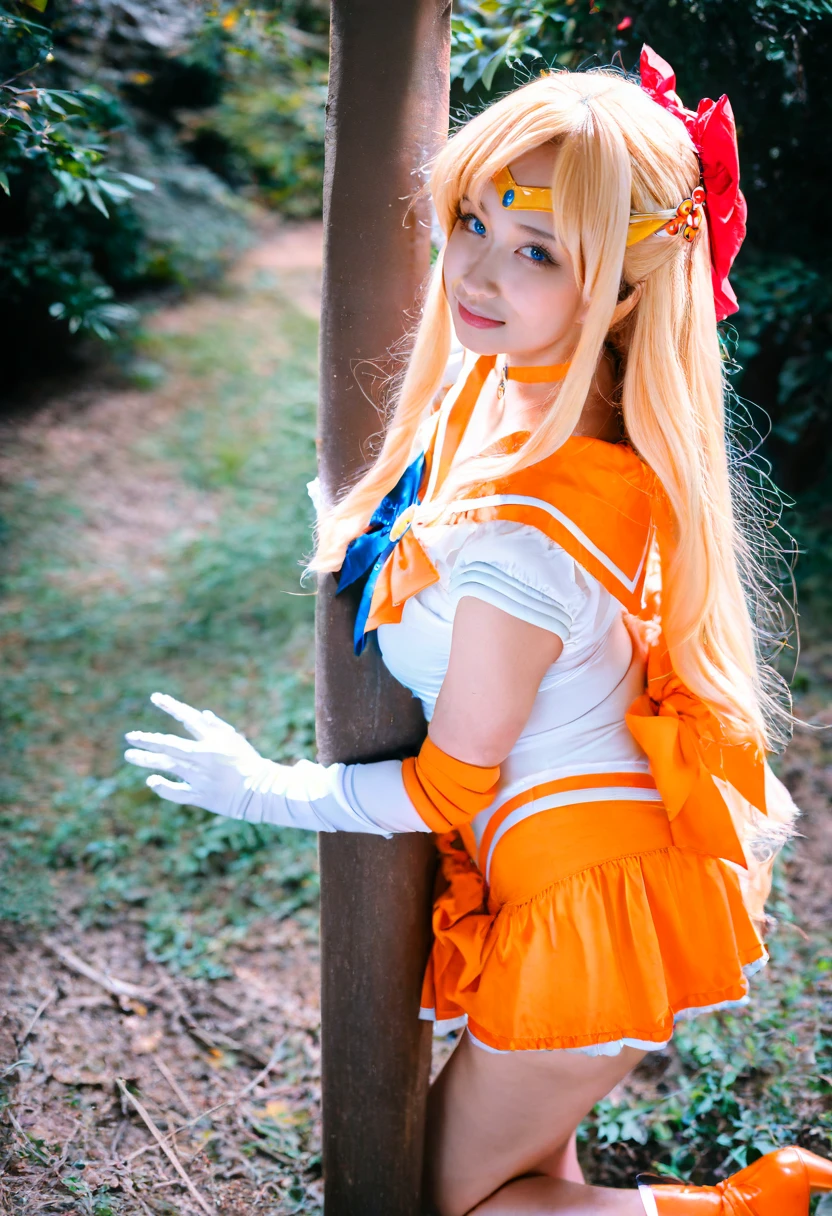 4K photo,DSLR,film grain,professional photography,(realistic,cosplay photo:1.2), movie stills,
(very awa,masterpiece,best quality,year 2024,newest,absurdres,highres:1), photography shot with Canon EOS 5D Mark IV ,
1girl,smile, looking at viewer, solo, sailor venus,minako aino,blonde hair,blue eyes,bow,hair bow,half updo,long hair,red bow,tiara,back bow,choker,elbow gloves,gloves,jewelry,magical girl,orange choker,orange sailor collar,orange skirt,sailor collar,sailor senshi uniform,skirt,white gloves,orange footwear, standing,
(skin texture),outdoors,beautiful scenery,
<lora:noob-skin texture-V1.1:0.6>,<lora:cosplay photo-noob-V1:0.6>,
<lora:noobaiXLNAIXL_epsilonPred11Version-lora:0.15> ,<lora:noobReal-V2.1:0.25>