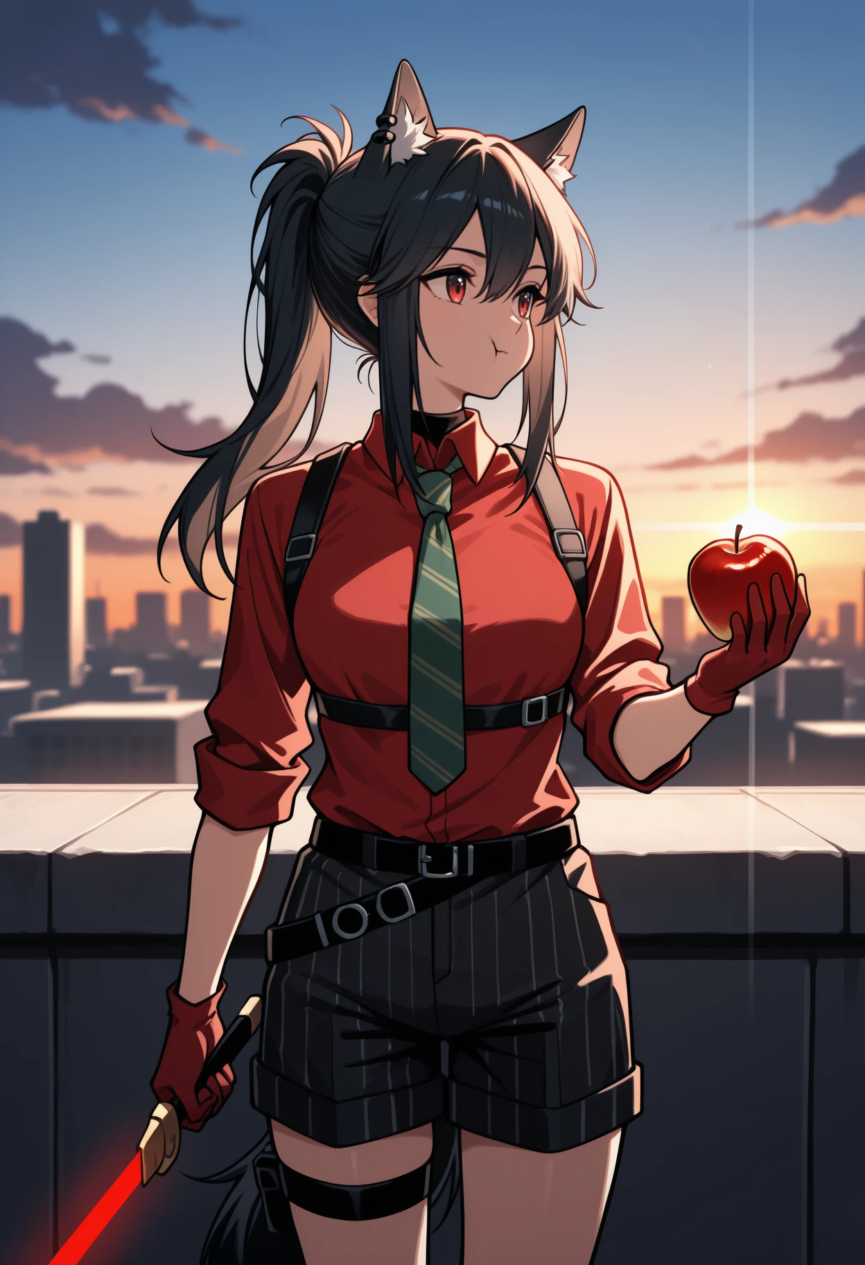 masterpiece, best quality, <break> solo, 1girl, txswlpwr, ear piercing, wolf tail, eating, :t, looking to the side, standing, holding sword, holding fruit, apple, hand up, long hair, black hair, hair between eyes, sidelocks, ponytail, animal ears, animal ear fluff, red eyes, red shirt, collared shirt, sleeves rolled up, chest harness, green necktie, diagonal-striped necktie, red gloves, black shorts, vertical-striped shorts, black belt, thigh strap, outdoors, sunset, cloud, lens flare, sunlight, bloom, depth of field, rooftop, cityscape, backlighting
<segment:yolo-Anzhc Face seg 640 v2 y8n.pt,0.4,0.5//cid=1>