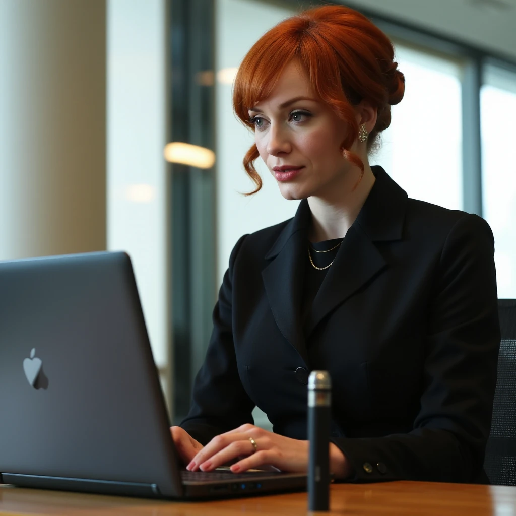 <lora:Joan_Holloway-000036:0.9> joan holloway, a redhead woman wears a tutleneck business suit. She works using a laptop in a modern office. On her desk is an electronic vape cigaret