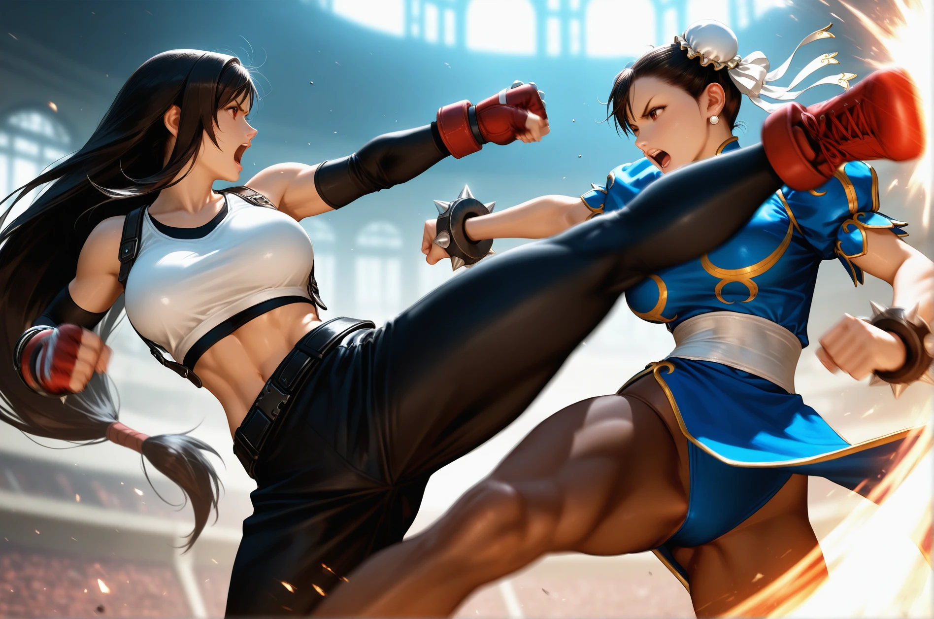 masterpiece, best quality, 2.5D, realistic
<lora:Fighting scene [IL]:0.7>  fight_scene, battle, , 2girls, motion blur,  punching, kicking, 
chun-li, tifa lockhart,
