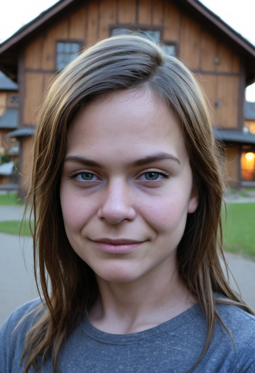 portrait photography, 18yo nordic girl, perfect face, posing, soft lit, seductive smirk, highly detailed, (freckles:0.3), (background town), (snub nose), shirt