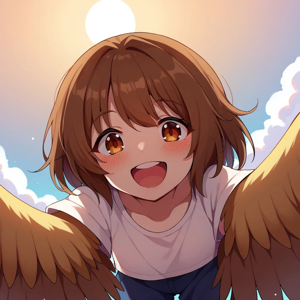 score_9, score_8, score_7, source_anime, harpy, brown hair, pov, looking at viewer, blush, smile, open mouth, upper teeth only, sky, clouds, sun