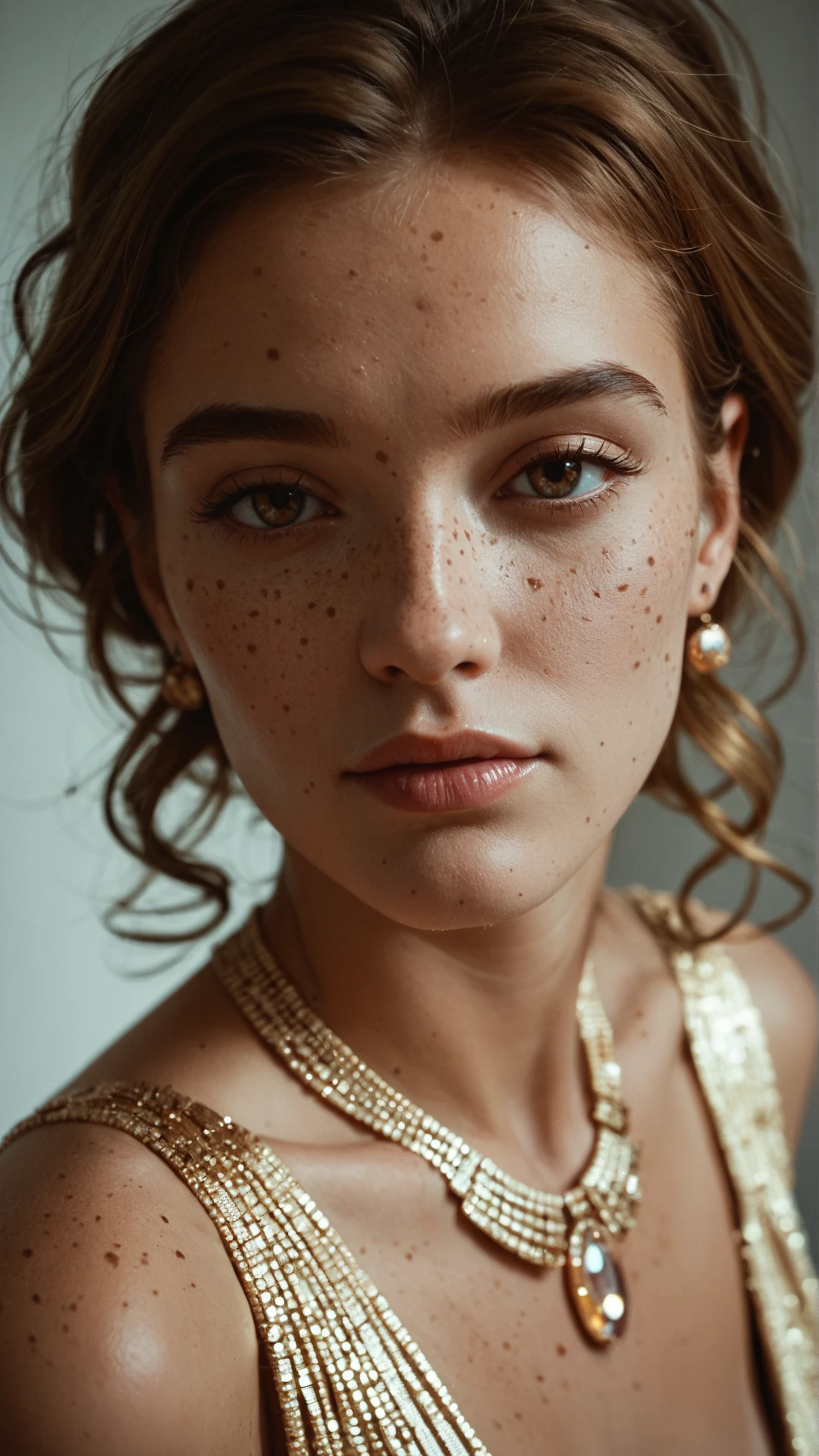 score_9, score_8_up, score_7_up, score_6_up, score_5_up, score_4_up, golden hour glow, freckles, bold accessories, diagonal shadows, intense expression, high-angle, elegant neckline, soft shoulder curve, gentle tilt, subtle shadows, refined elegance