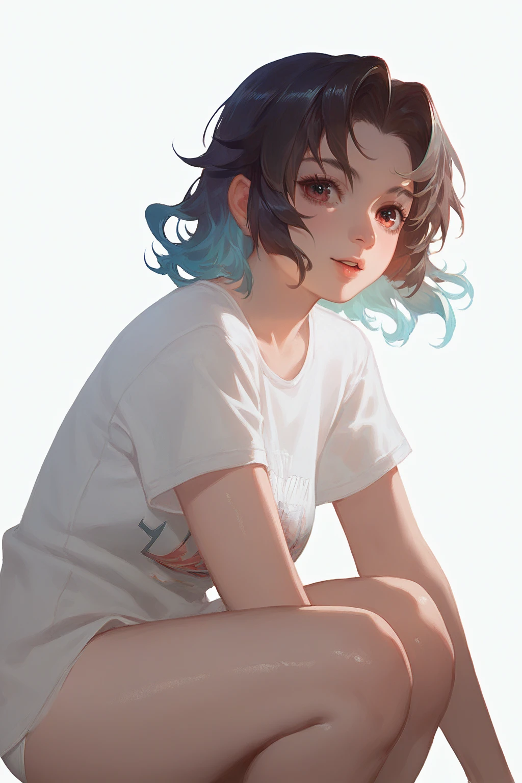 score_9,score_8_up,score_7_up,
<lora:YunYingPonyZS:1>,
<lora:v6:0.3>,yunying,
1girl,solo,
grey gradient hair,Loose hair,Natural Hair,No Accessories,Loose Hair,Curly Bob,
white t-shirt,no pants,bare legs,oversized_clothes,(covered nipples:0.4),
simple_background,white_background,
white transparent underwear,portrait,