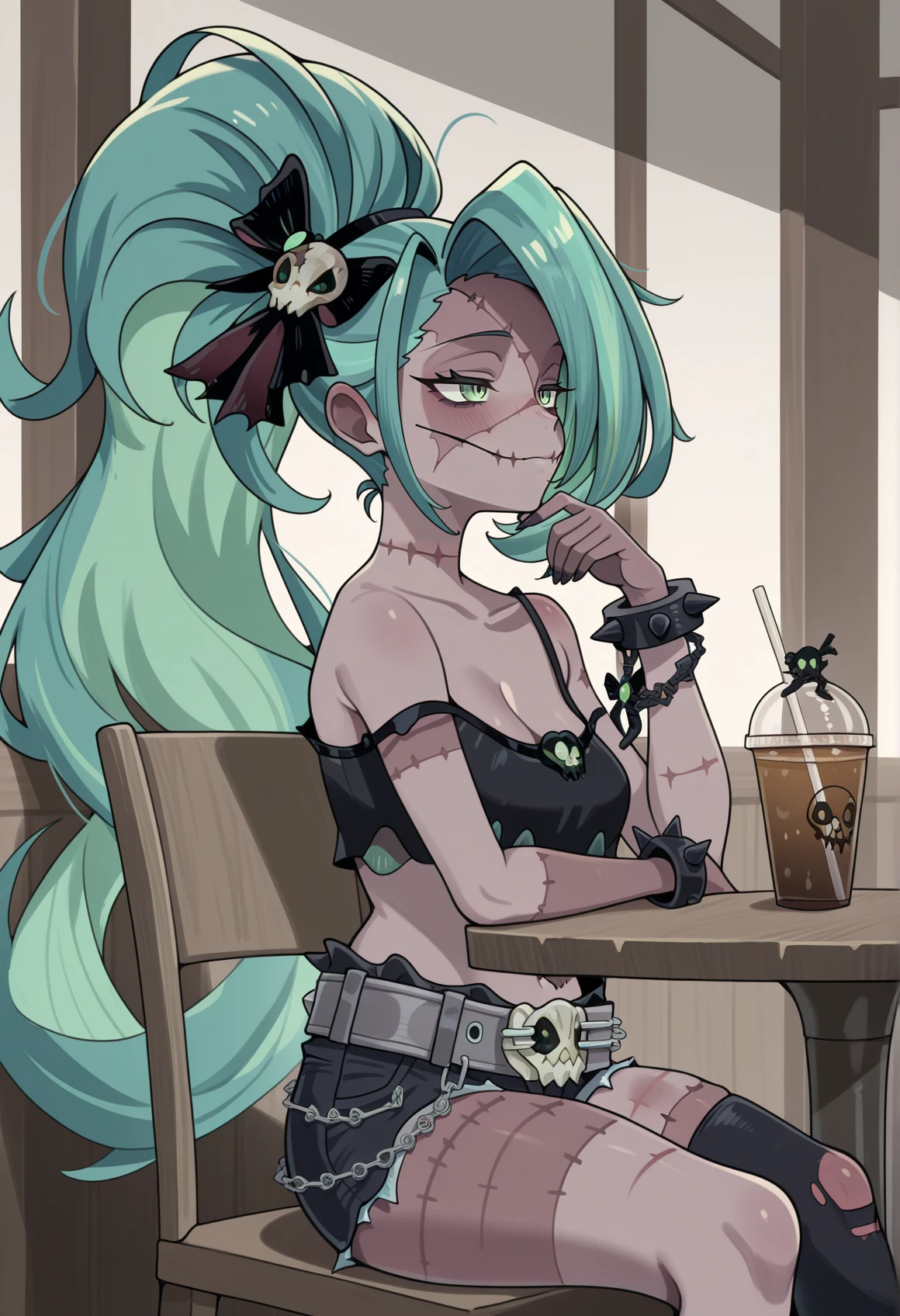 1girl, very long hair, multicolored hair, green hair, ponytail, messy hair, green eyes, patchwork skin, scar on face, scar on mouth, glasgow smile, ribbon, skull hair ornament, multiple scars, tube top, skull, denim shorts, belt, chain, asymmetrical legwear, sitting, spiked bracelet, indoors, cafe, bored, hand on chin, chair, table, drinking, drinking straw <lora:Nara_AFK:1>, masterpiece, best quality, amazing quality, very aesthetic, absurdres, highres, newest