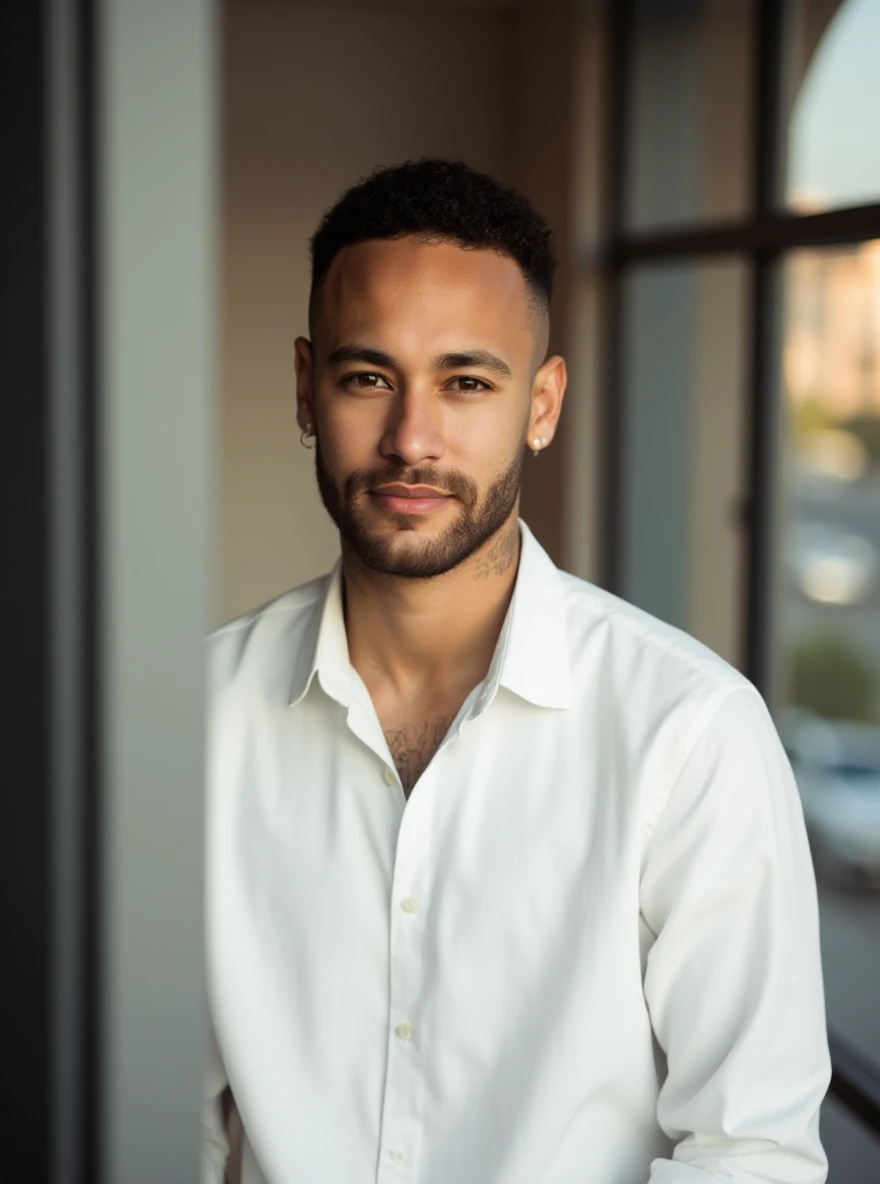 portrait of n3ym4rjr man, posing on a office, glass window, serene and warm, natural lighting, soft focus, high-resolution, elegant and introspective atmosphere, quiet sophistication, wearing a white shirt all buttons closed, slight smile

