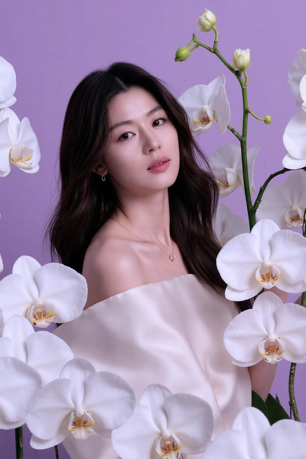 The image showcases a young asian woman with long wavy hair. She is wearing necklace and earrings. She is positioned against a purple background, which is filled with large white orchids. The flowers dominate the composition, adding a dramatic and intense contrast to her skin tone and overall appearance.
The woman is dressed in sleeveless dress, which drapes softly over her shoulders, leaving her upper back and one shoulder exposed. Her expression is calm and slightly mysterious, with her gaze directed slightly to the side, away from the camera. The large flowers, some of which overlap with her figure, create a dreamy and surreal atmosphere, as if she is blending into or emerging from the floral background., <lora:flux_realism_lora:1>, ,  <lora:makinaflux_junjihyun_v1.0:1>