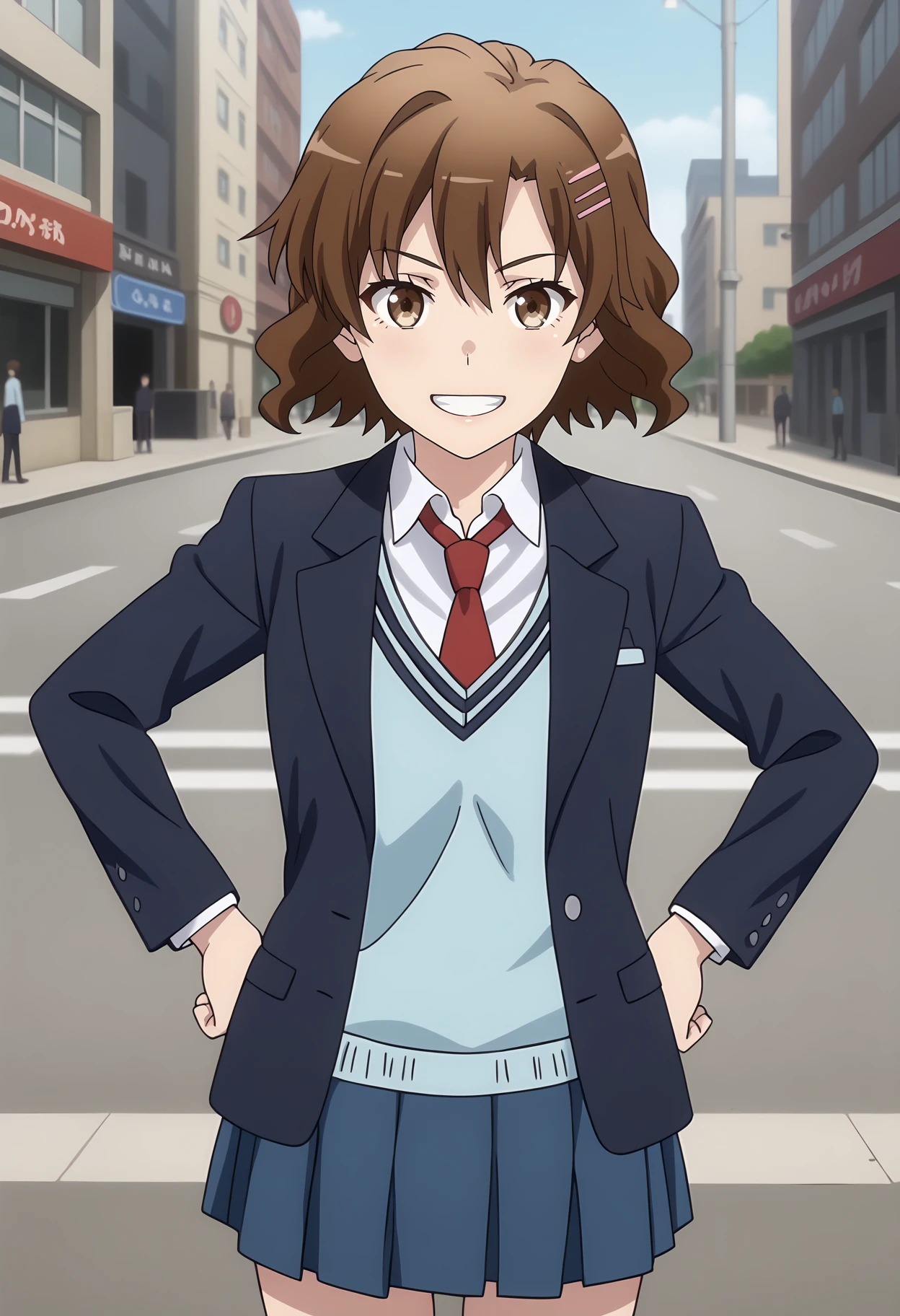 anime screencap,
<lora:YahariOreNoSeishunLoveComedy_OrimotoKaoriXL:0.9>,
1girl, solo, open mouth, light smile, grin,
short hair, wavy hair, brown hair, hair between eyes, brown eyes, hairclip,
OrimotoKaori, blazer, open jacket, blue jacket, sweater vest, blue sweater, collared shirt, white shirt, red necktie, long sleeves, pleated skirt, blue skirt,
hands on own hips, thigh gap, cowboy shot, standing, looking at viewer,
city, street, outdoors, blurry background