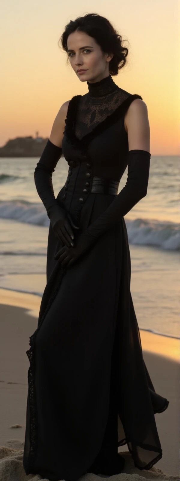 <lora:Vanessa Ives2:0.9> vannessa ives, full body, a woman with black hair. she wears a turtleneck victorian dress and she poses on a beach at sunset