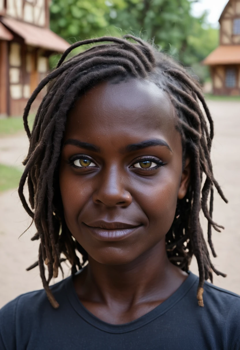portrait photography, 18yo african girl, perfect face, posing, soft lit, seductive smirk, highly detailed, (freckles:0.3), (background town), (snub nose), shirt