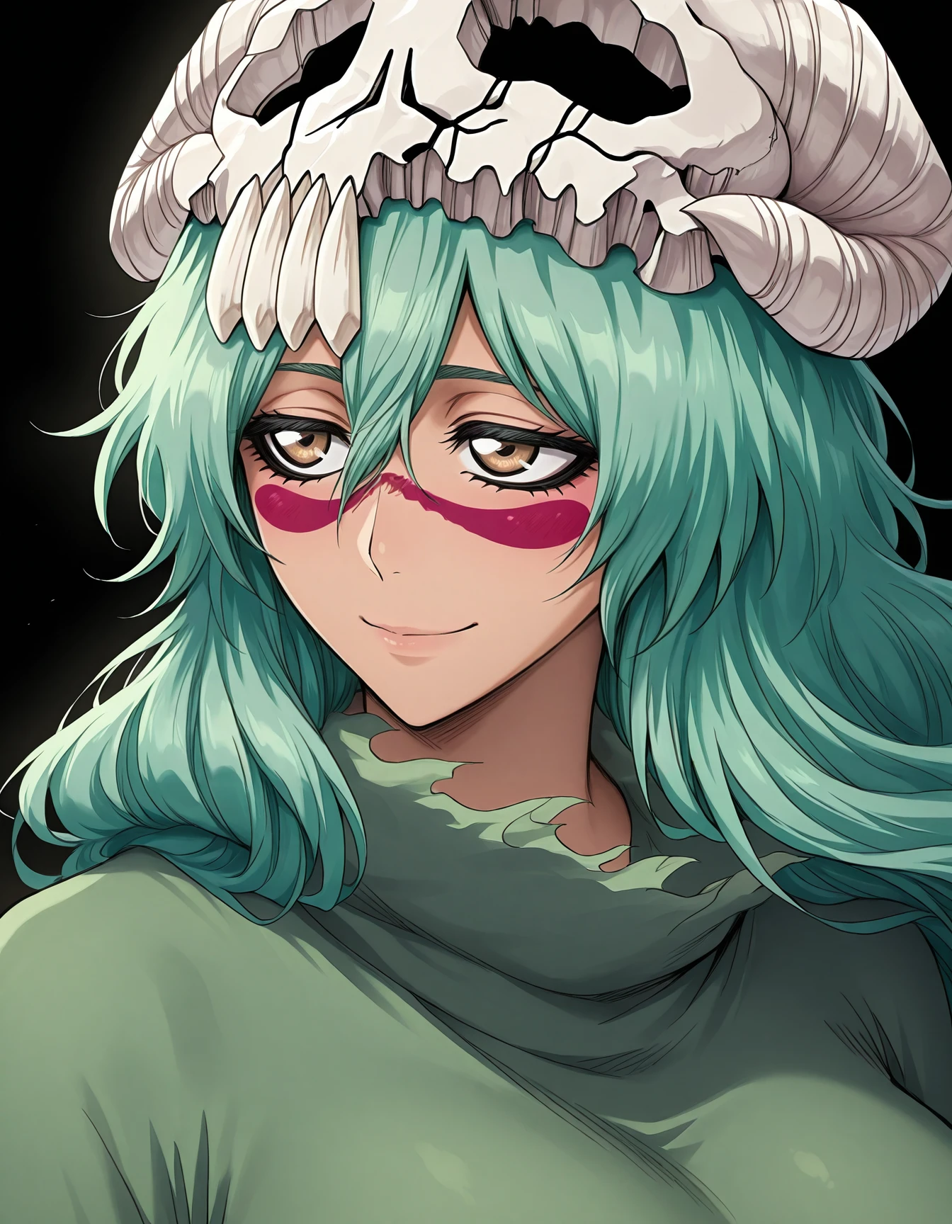 <lora:Nel_Illu:1><lora:Nelliel:1>nelliel_tu_odelschwanck, facial mark, long hair, skull, green hair, hair between eyes,
sitting, closed smile, looking away, black background, portrait, masterpiece, best quality