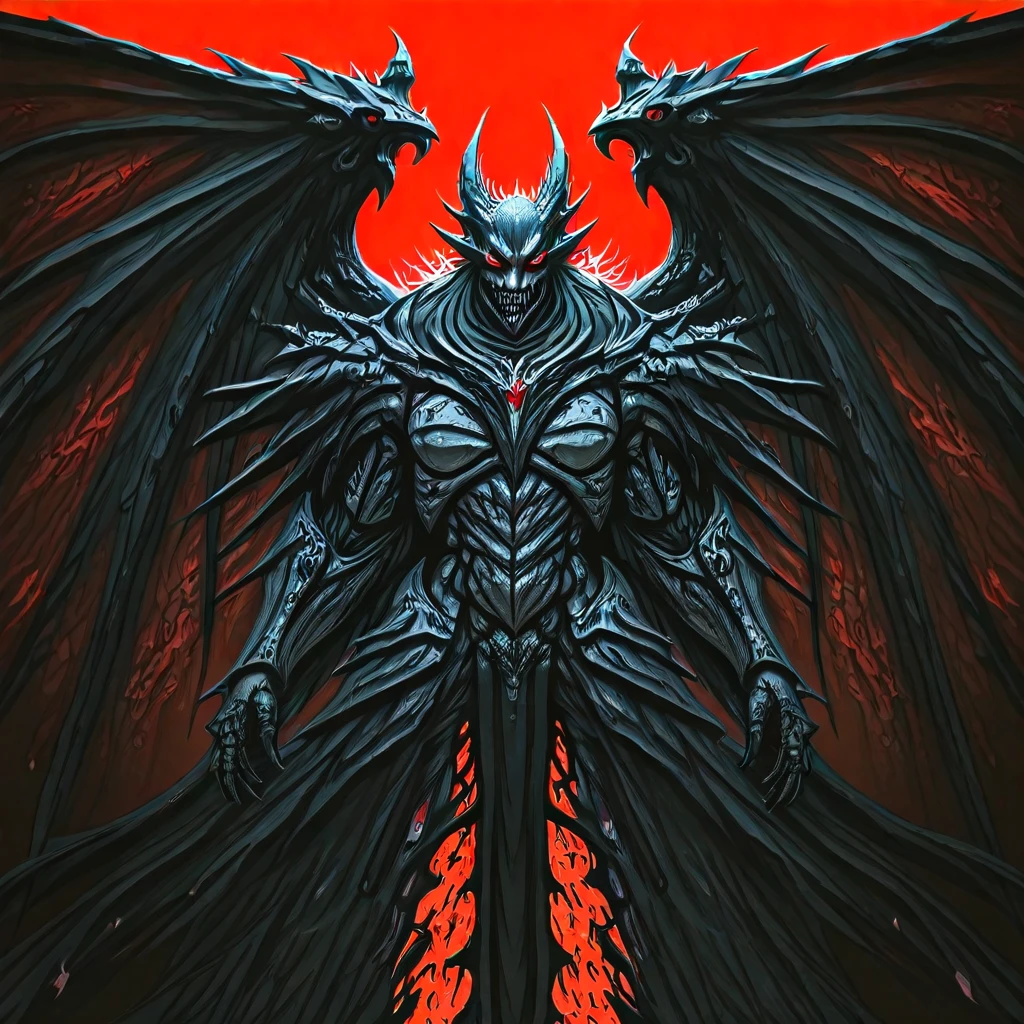 A fierce north_rest warrior with glowing red eyes, sharp teeth, and massive wings spread wide. Rugged armor engraved with ancient symbols. A cracked black wooden board below, engraved with 'NORt RESt' in bold white letters. Matte red background, subtle shadows enhance the tension.