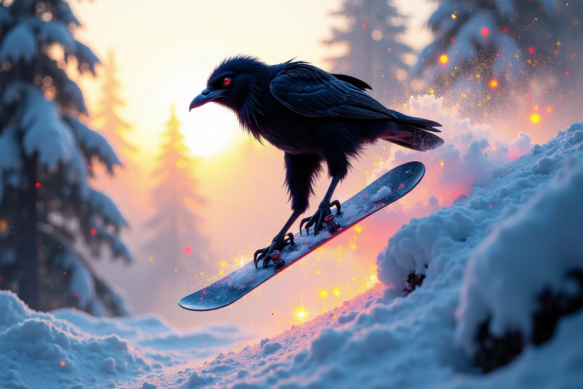 A crow-inspired creature morphs into a majestic snowboarder, frozen mid-air in crystalline slow-motion. The figure's pose exudes serene suspension, as though defying gravity itself. A glowing winter wonderland stretches in the background, bathed in soft, misty light, highlighting the snowboarder's ethereal silhouette against the frosty haze.