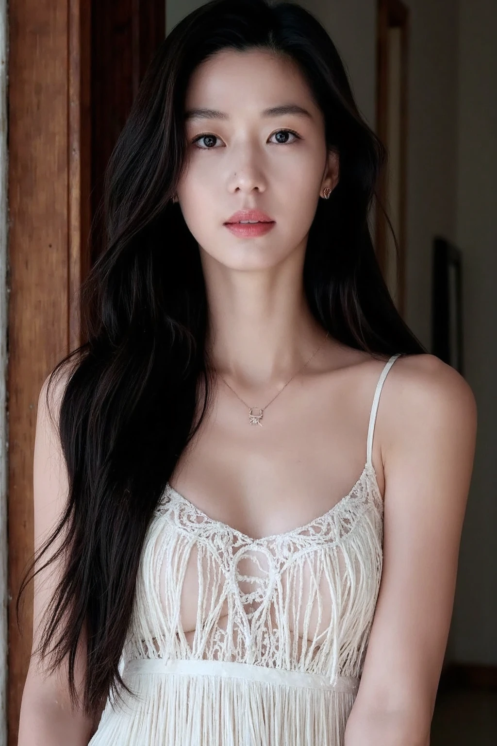 bright photo of beautiful korean girl with long  black wavy hair wearing bohemian dress, inside a rustic house, necklace, dslr, studio lighting, high quality,  light reflections, blood vessels, pale skin, detailed skin, <lora:flux_realism_lora:1>, <lora:makinaflux_junjihyun_v1.0:1>