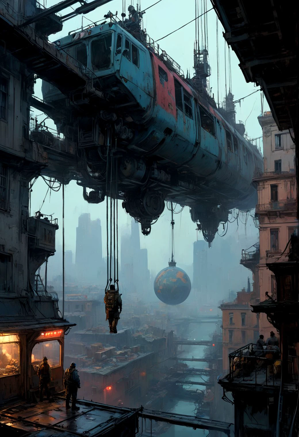 Candid view, low angle, a soldier playing with a starving cat on a iron crane platform, Sci-fi theme cyberpunk,  intricate, Illustration Masterpiece, flat art, contrast, open the window, wide screen, inside gigantic space full of machineries, confident space, tower with weapon sandwiched between two bridges, ( a very crowded Parisian futuristic center, aerial train above the market, coal workers around, dystopian, eerie, darkness, gloomy lowkey, minimal space, cables, pipes, rusty, aftermath, sparks, garbage, dirty, full of details)
light below, style by Alex Prager, Sci-fy society, style by Mike Mignola style, style by Abigail Larson, Moebius, lineart, vintage paper, reddish dim light, hard blue rim light, ( ball pen Black ink strokes with crosshatch shading), <lora:_CHY_AquarelleComics_V1:0>