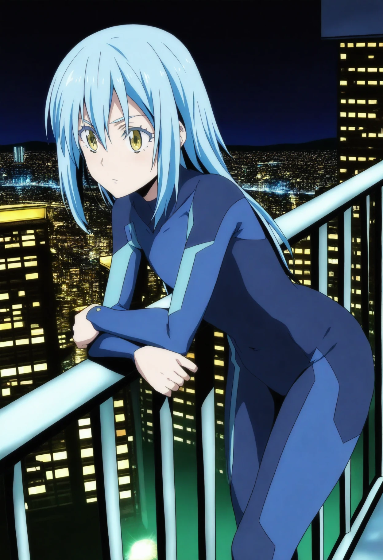 <lora:Rimuru Tempest. - [That Time I Got Reincarnated as a Slime] - illustriousXL v1:1>, sysdeep_rimuru, solo, blue hair, androgynous, slim-fit suit, leaning, on a balcony railing, overlooking city lights, nighttime, anime coloring