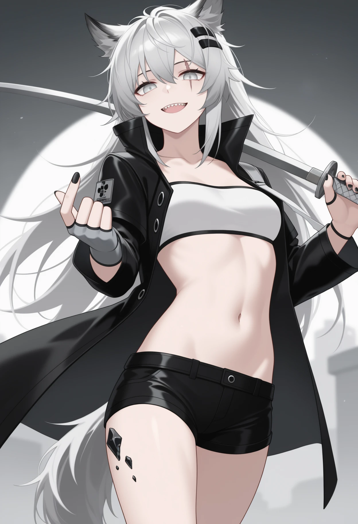 masterpiece, best quality, <break> solo, 1girl, lappl4nd, scar across eye, wolf tail, oripathy lesion \(arknights\), sharp teeth, smile, open mouth, looking at viewer, standing, holding sword, katana, weapon over shoulder, beckoning, long hair, grey hair, hair between eyes, hairclip, animal ears, grey eyes, half-closed eyes, black coat, open coat, long sleeves, white bandeau, grey gloves, fingerless gloves, black shorts, short shorts, thighs, nail polish, black nails, collarbone, stomach, navel, outdoors, abstract background, grey background
<segment:yolo-Anzhc Face seg 640 v2 y8n.pt,0.4,0.5//cid=1>