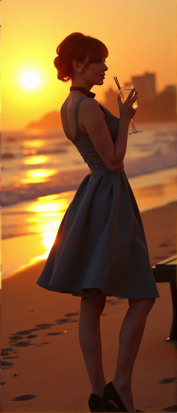 <lora:Joan_Holloway-000036:0.9> joan holloway, a redhead woman holds a cocktail at the beach at sunset. She wears a tutleneck dress and higheels