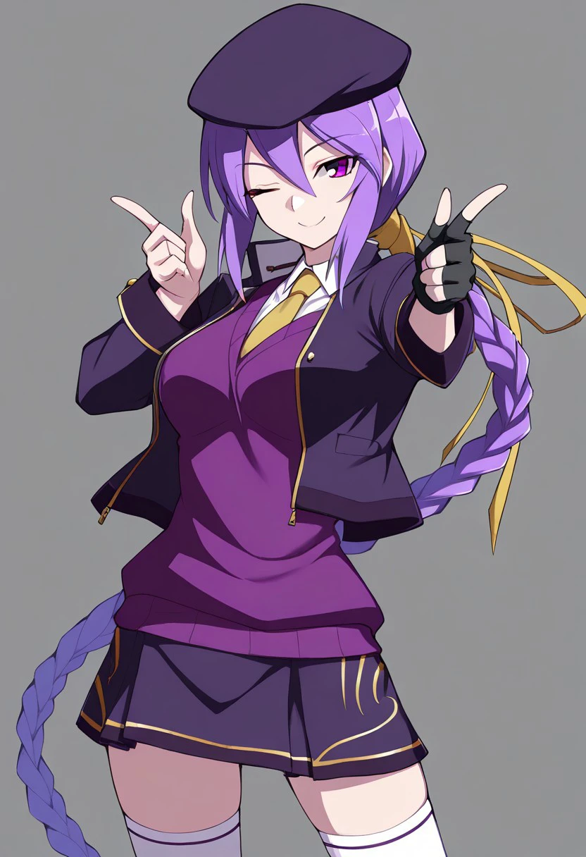 High quality, best quality, masterpiece, anime, newest,1girl, solo, eltnum, purple hair, purple eyes, hair between eyes, long hair, braided hair, braided ponytail, yellow ribbon, EltnumOutfit, light purple sweater, sweater vest, collared undershirt, white undershirt, undershirt, yellow necktie, dark purple cropped jacket, dark purple skirt, miniskirt, gold trim, white thighhighs, single glove, fingerless glove, black glove, dark purple beret, open jacket, standing, smiling, finger guns, winking, looking at viewer, fluttering skirt, hip sway