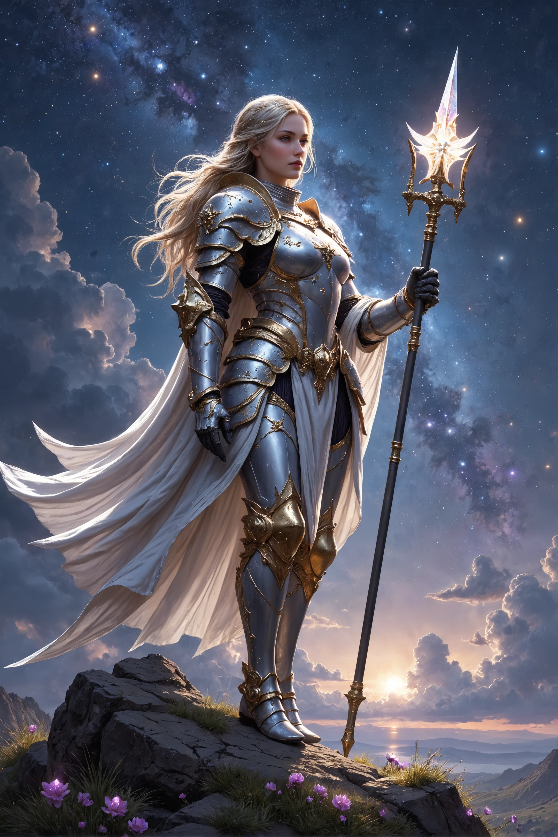 fantasizing beauty. This is a fantasy digital painting of a celestial knight standing proudly on a hilltop under a starry sky. Her silver and gold armor glows faintly, etched with constellations that shimmer with soft light. Her radiant cape flows behind her, blending with the cosmic expanse above. In her hand, she holds a long, gleaming spear tipped with a crystal star that shines brilliantly, casting beams of light across the scene. The ground beneath her is covered in soft grass dotted with glowing flowers, while the distant horizon shows galaxies swirling in hues of blue, purple, and silver. Her serene expression reflects both courage and peace, creating a scene of breathtaking beauty and cosmic wonder.